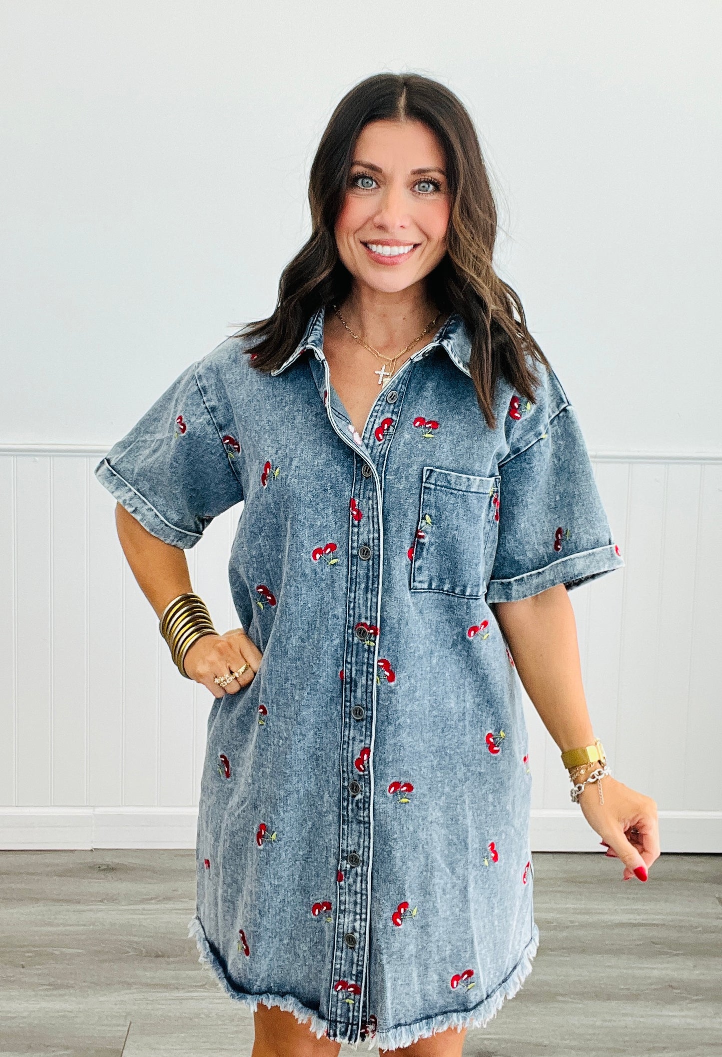 Denim Cherry Embroidered Mini Shirt Dress (Reg. and Plus)