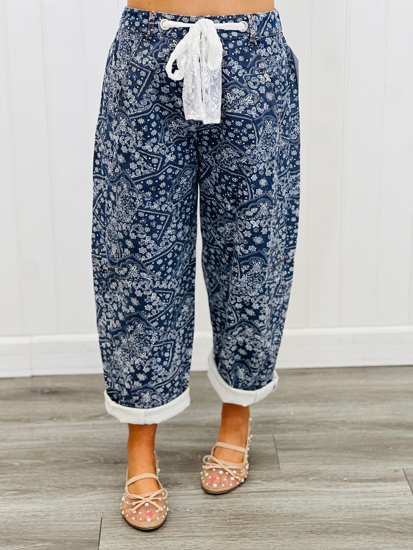 Washed Denim Paisley Printed Denim Pants (Reg. and Plus) - 2 Colors
