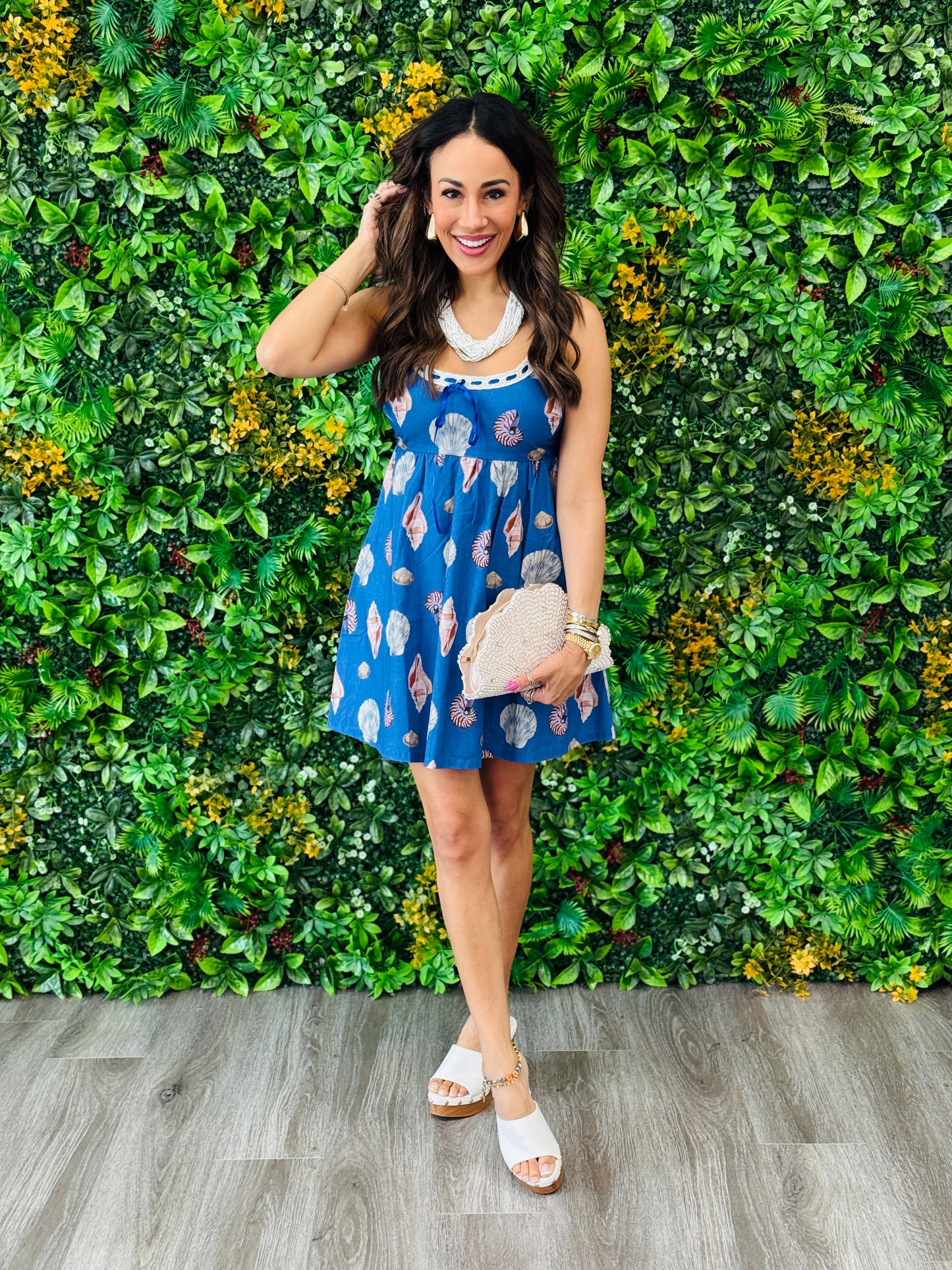 Royal Seashell Print Lace Trim Mini Dress (Reg.)