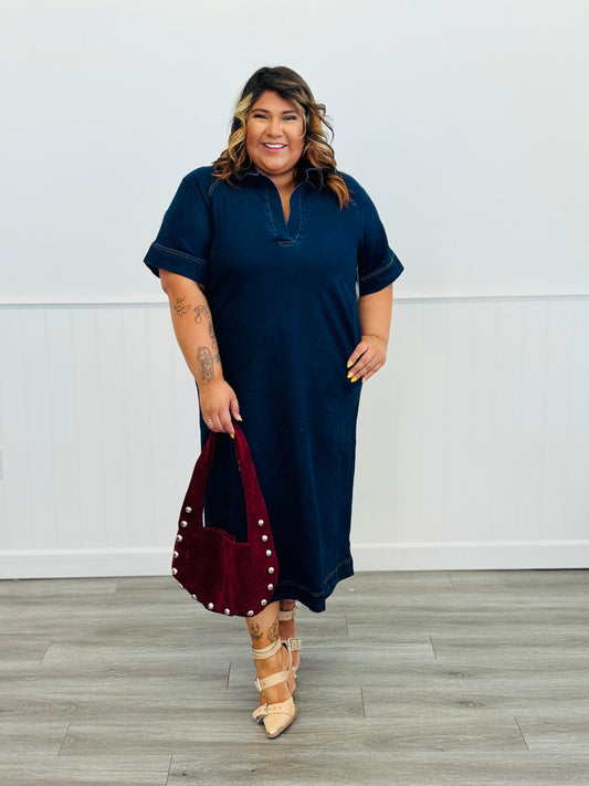 Dark Denim Split Neck Midi Dress (Reg & Plus)