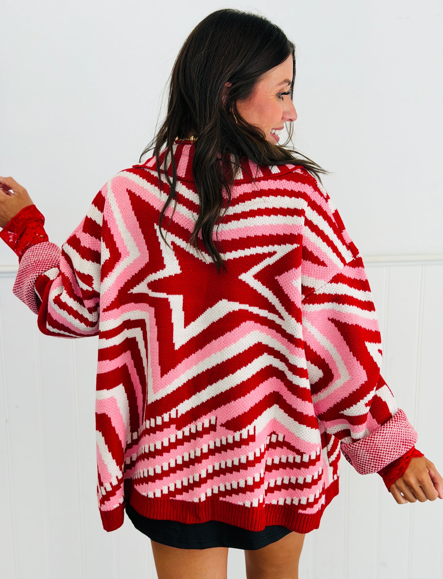 Red Multi Stars Sweater Cardigan (Reg & Plus)