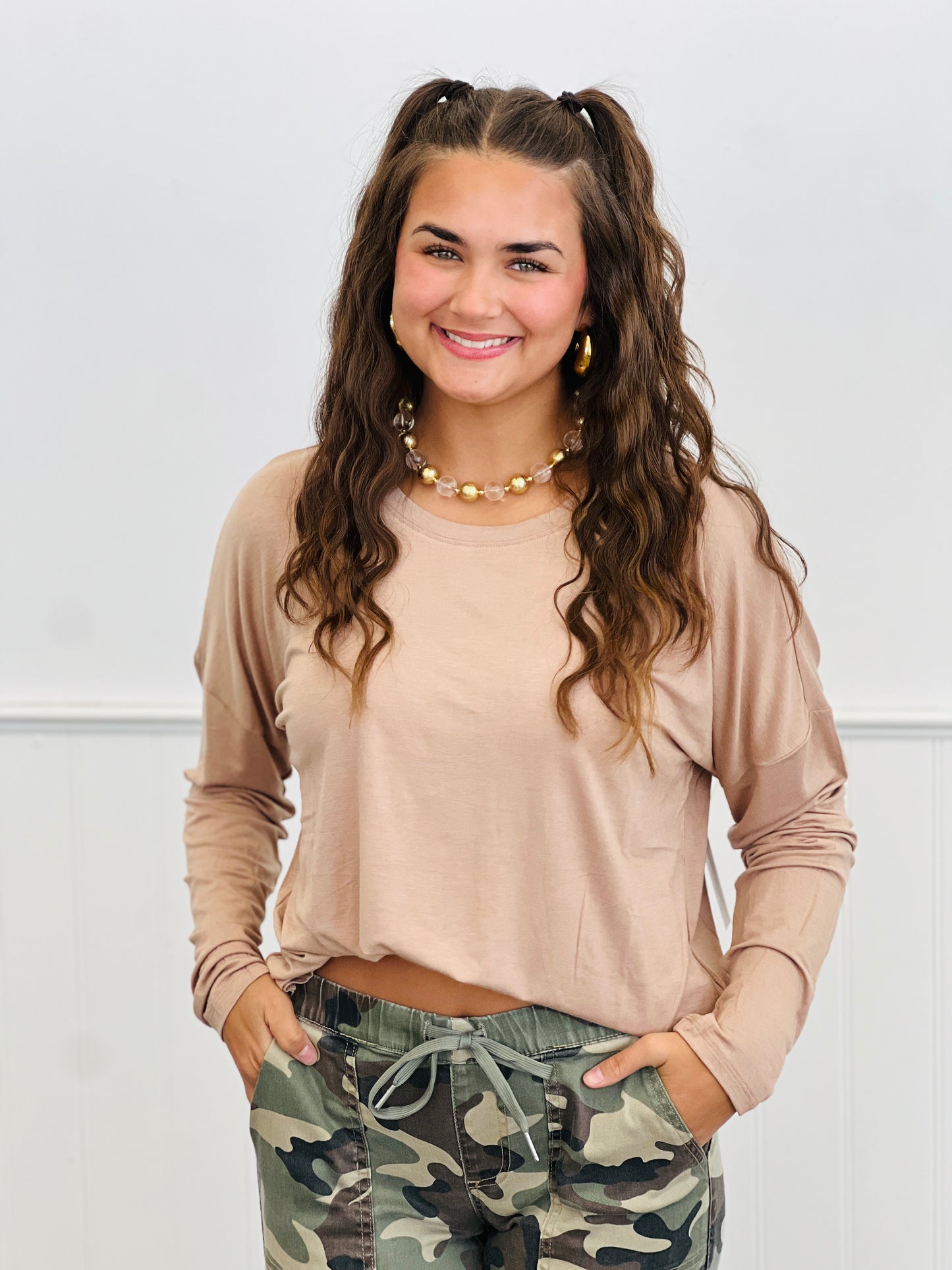 Curved Hem Long Sleeve Top (Reg.)-5 Colors