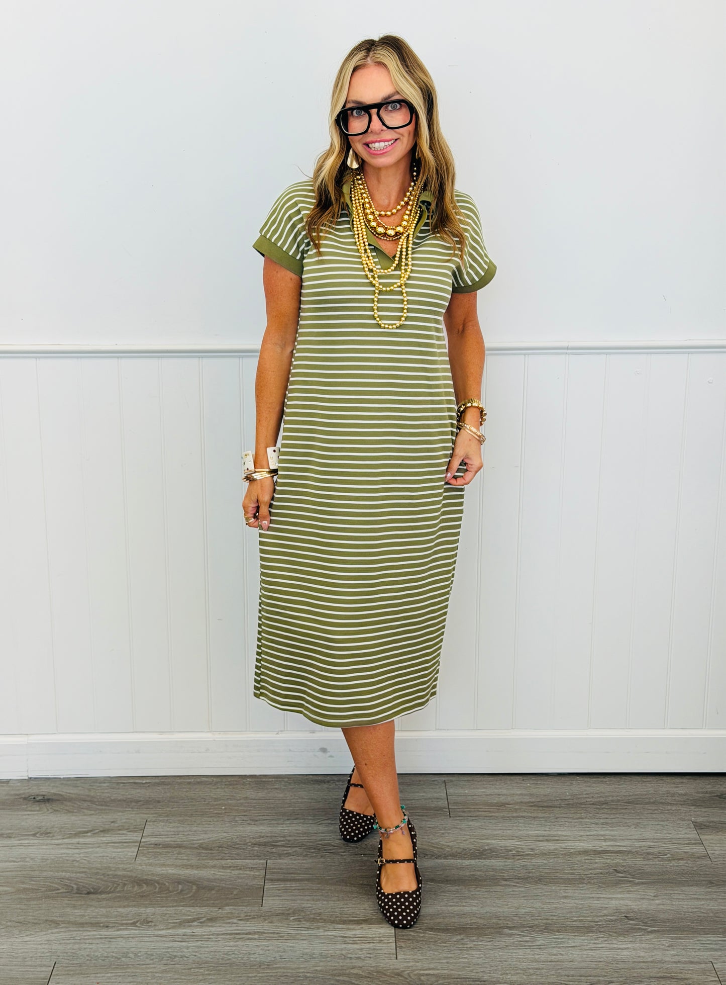 Olive Striped Collared Midi Dress (Reg.)