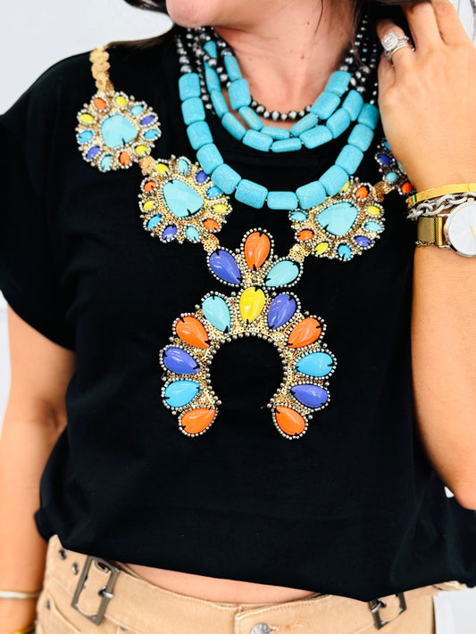 Queen Of Sparkles Black Multi Turquoise Necklace Tee (Reg. and Plus)