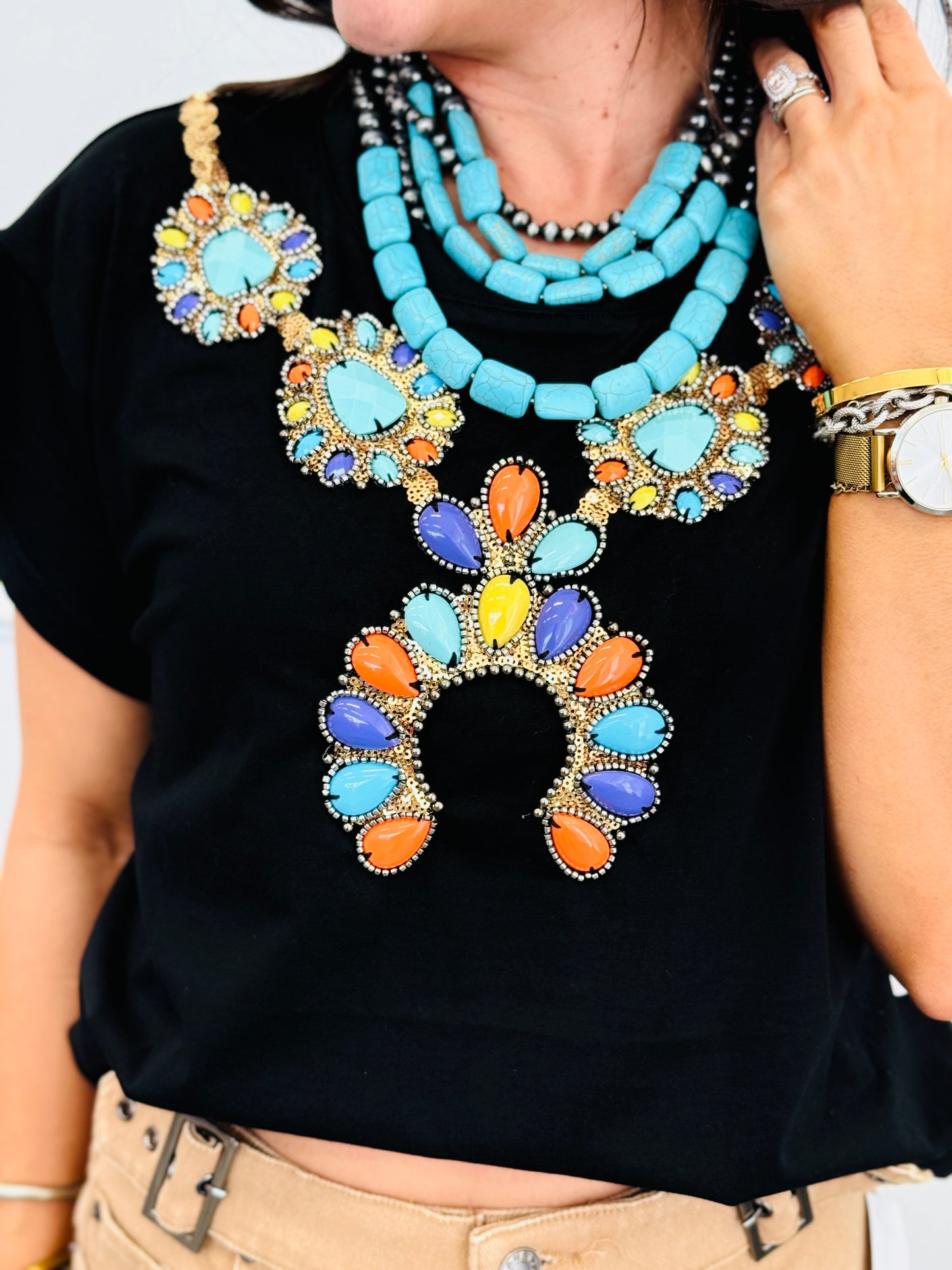 Queen Of Sparkles Black Multi Turquoise Necklace Tee (Reg. and Plus)