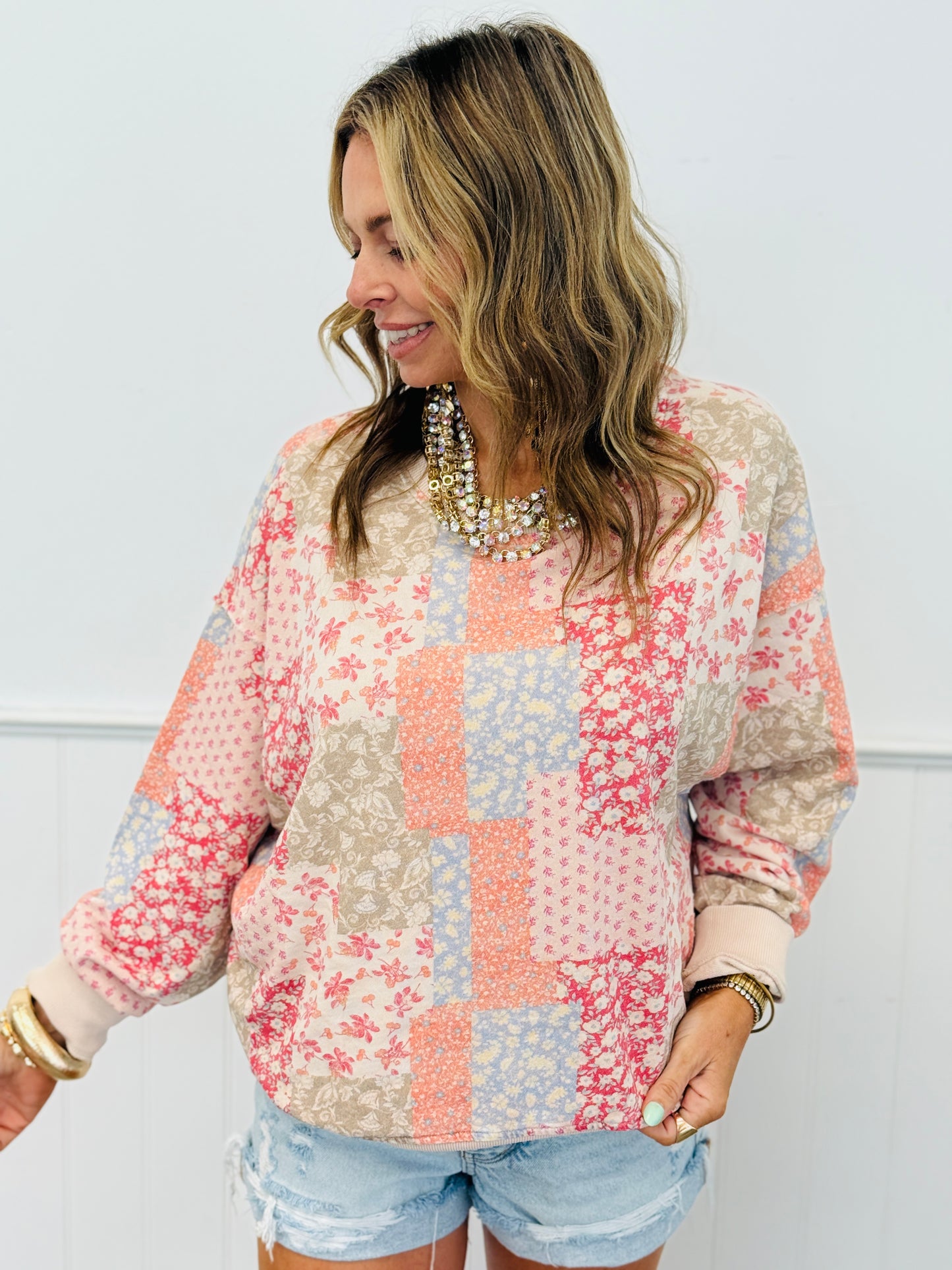 Blush Floral Patchwork Sweatshirt Top (Reg. & Plus)