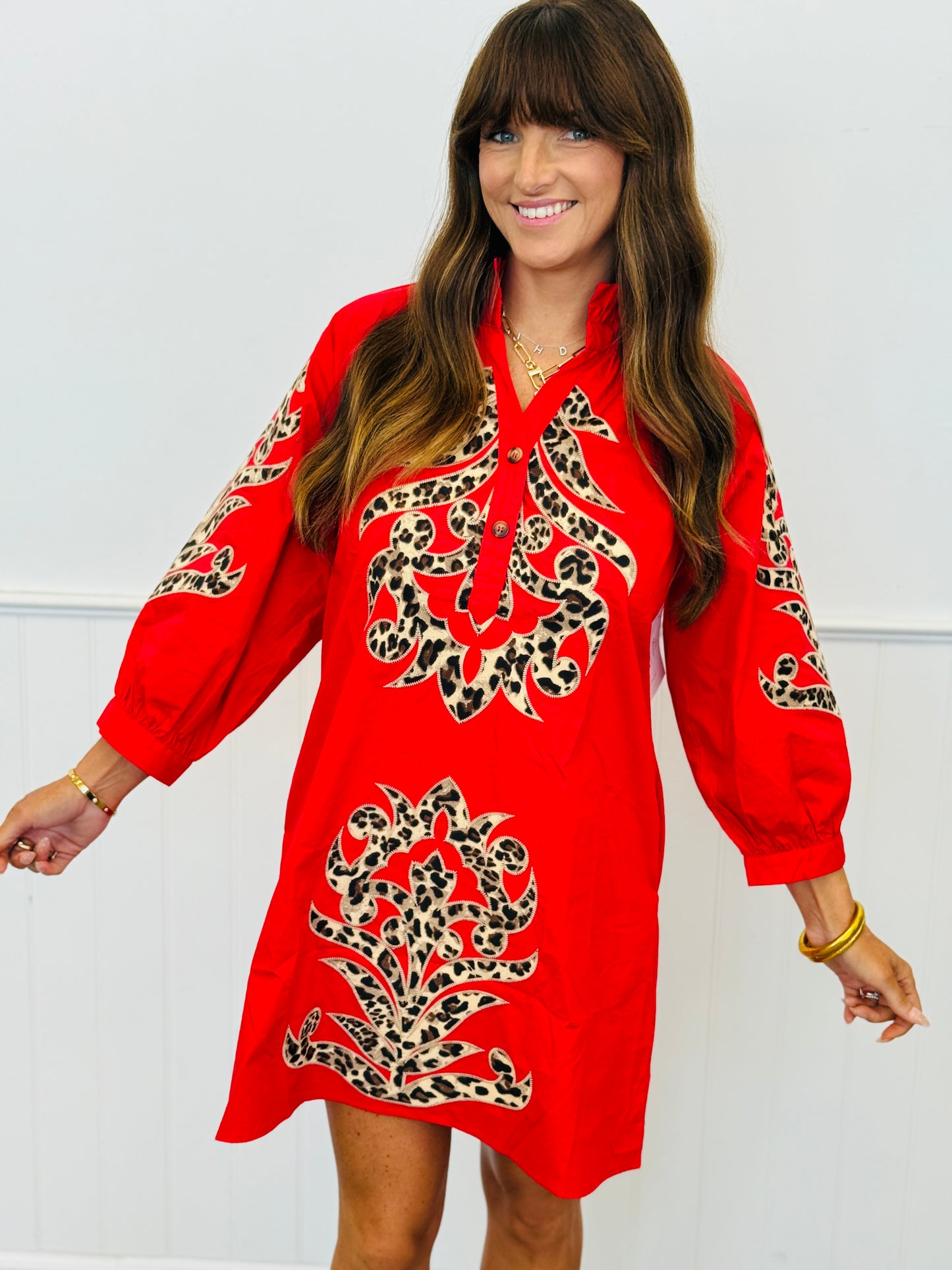 Tomato Red Baroque Leopard Applique Mini Dress (Reg.)