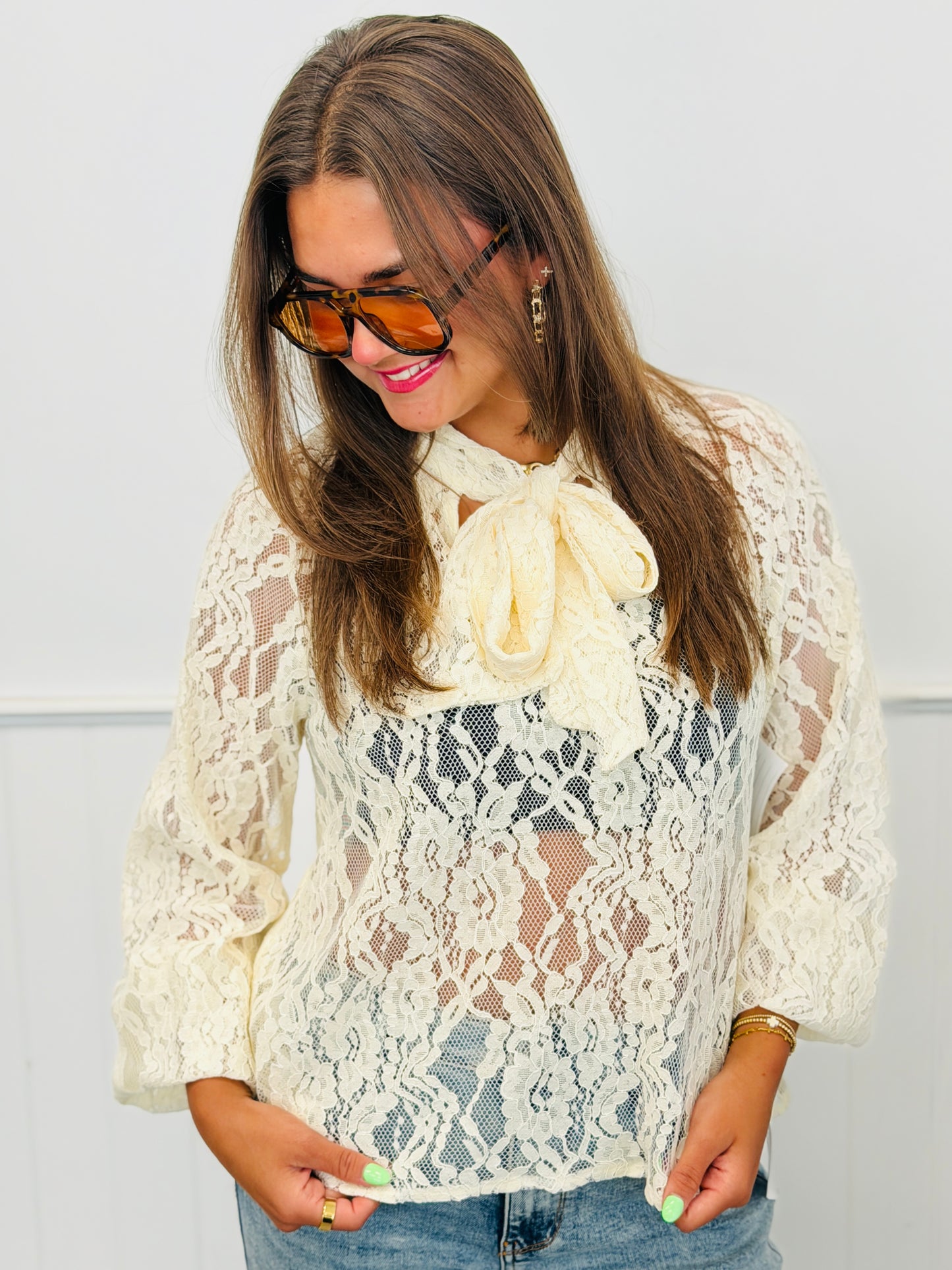 Sheer Lace Tie Neck Blouse (Reg.) - 2 Colors