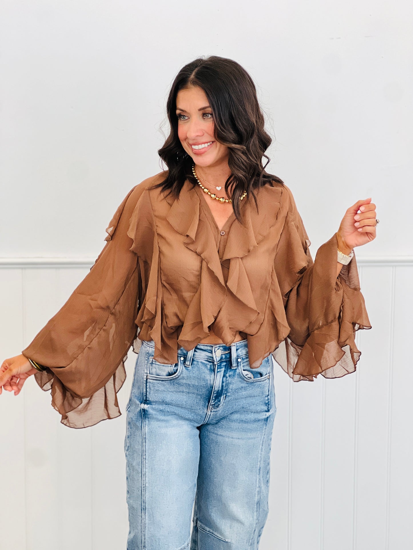 Sheer Ruffle Detail Long Sleeve Blouse (Reg.) - 2 Colors