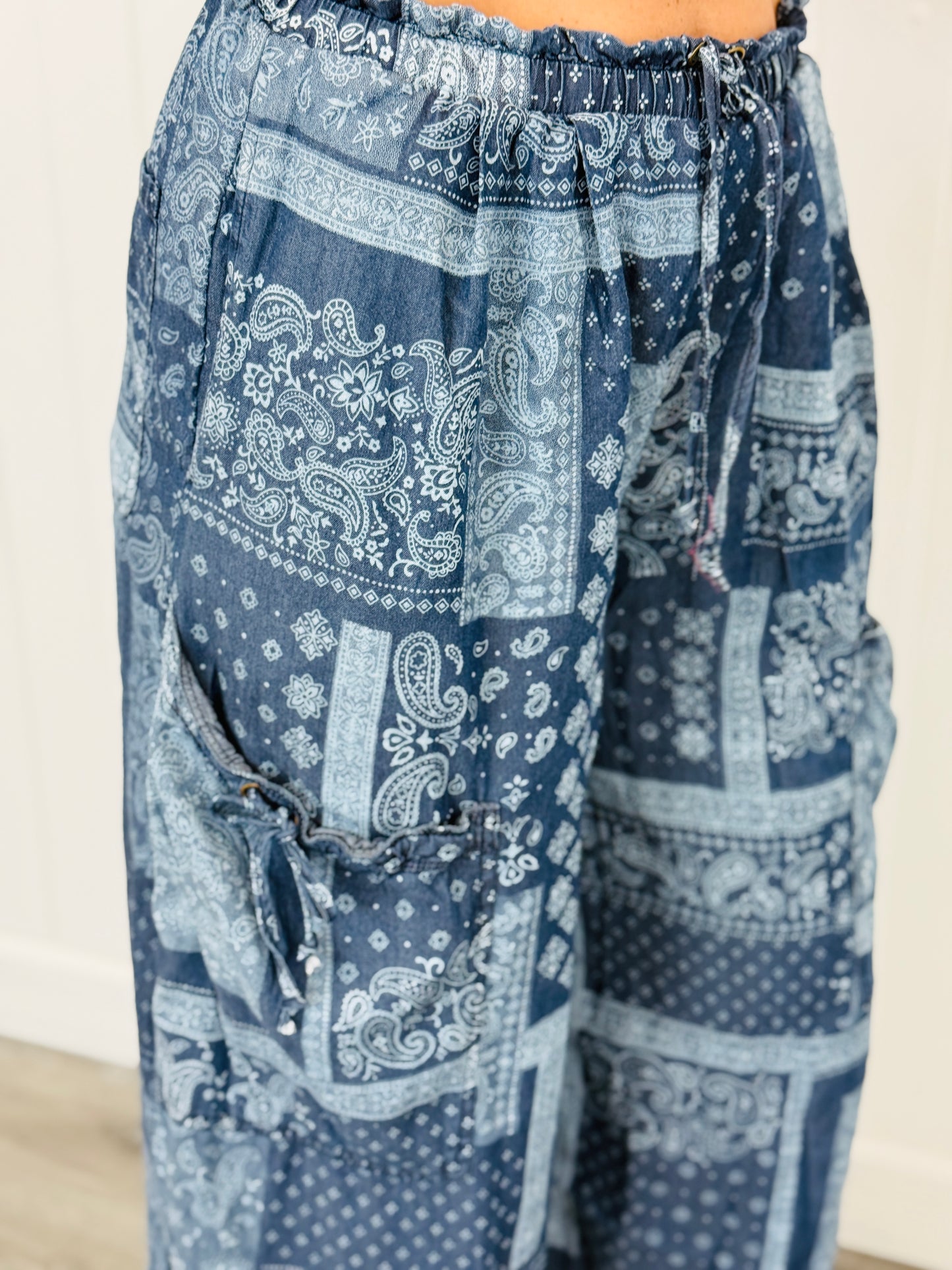 Denim Patchwork Paisley Print Pants (Reg.)-2 Colors