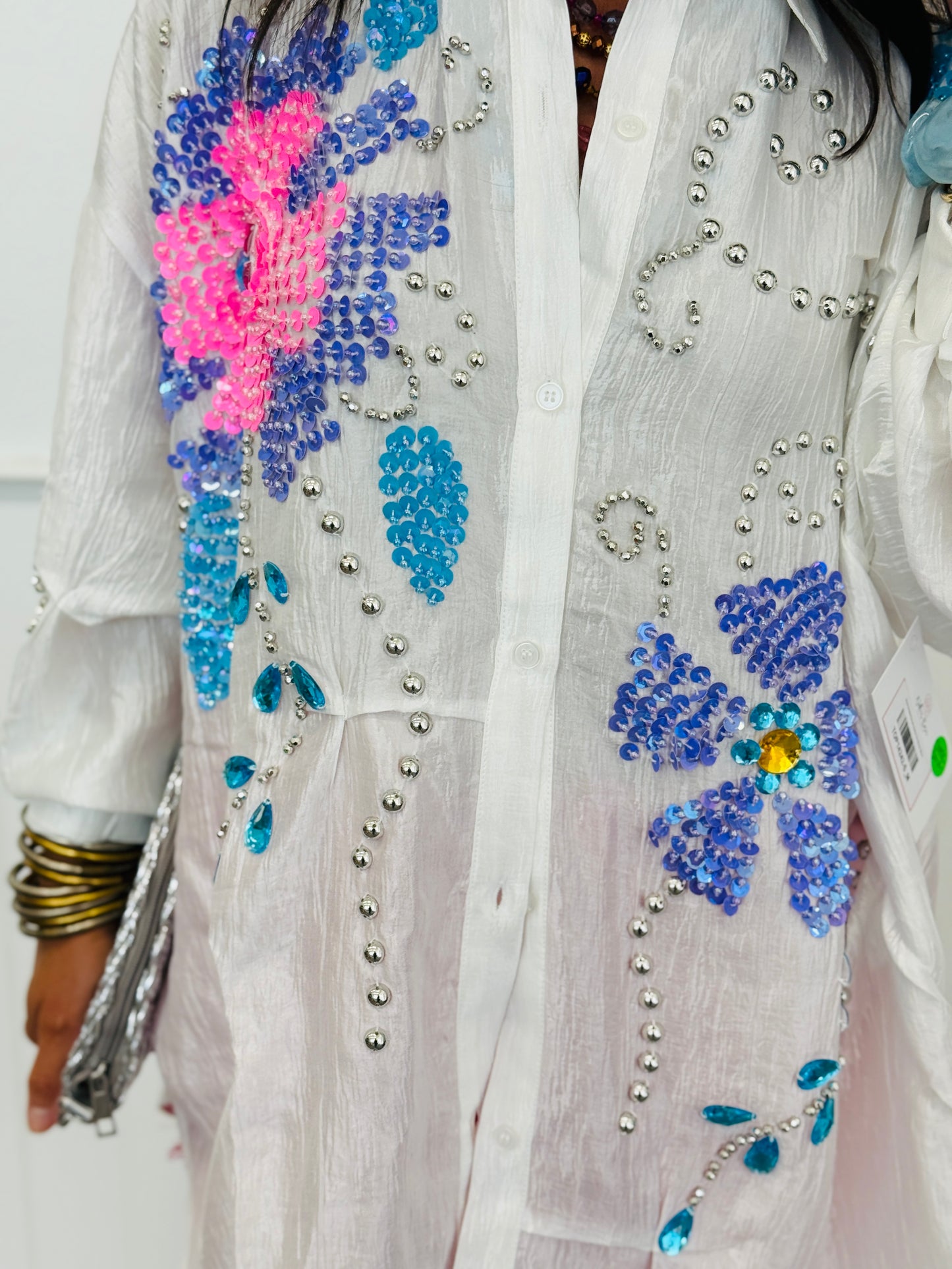 White Beaded Sequin Button Up Blouse (Reg.)