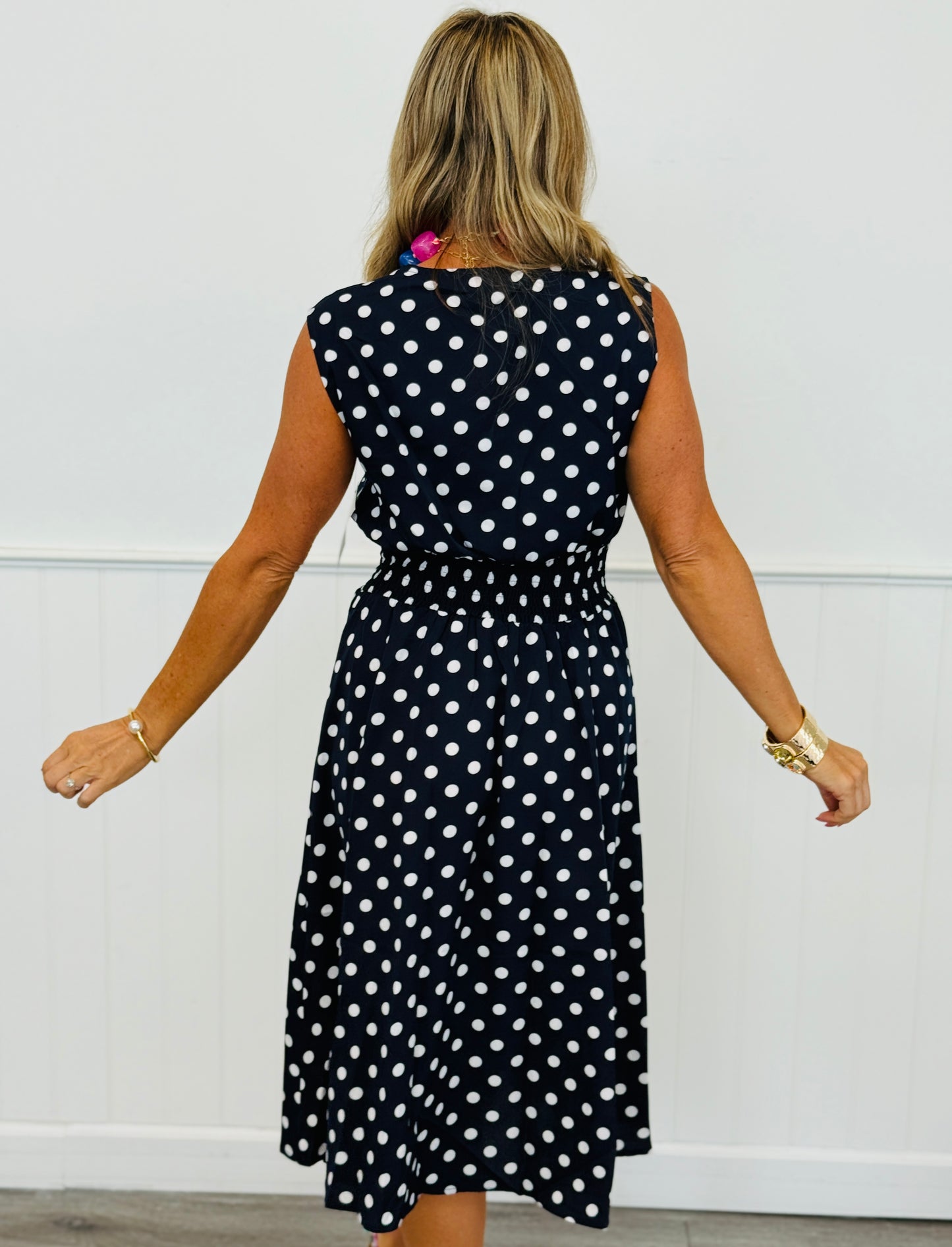 Navy Polka Dot Midi Dress (Reg. and Plus)