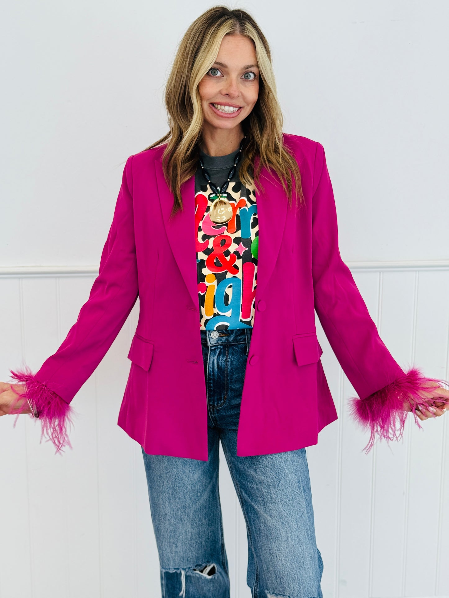 Berry Feather Trim Sleeves Blazer (Reg.)