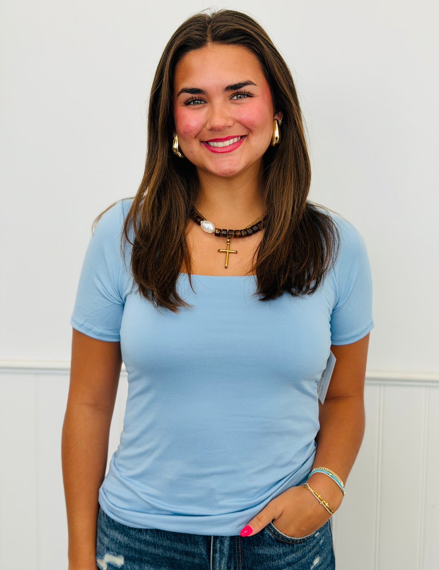 Square Neck Short Sleeve Top (Reg. and Plus) - 6 Colors