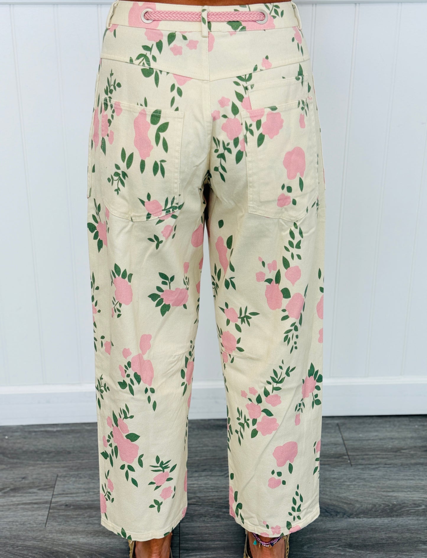Beige Pink Floral Print Barrel Jeans (Reg & Plus)
