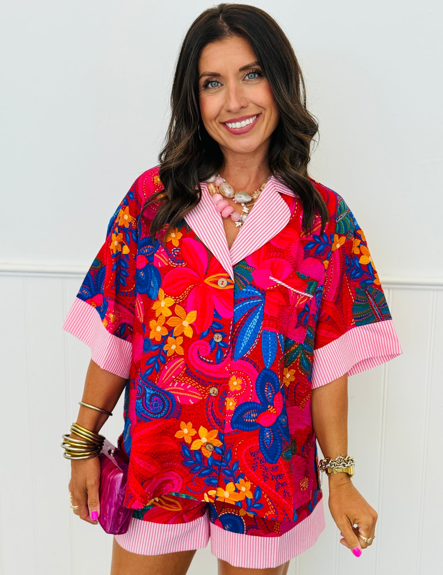 Red Tropical Floral Shirt & Shorts Set (Reg & Plus)