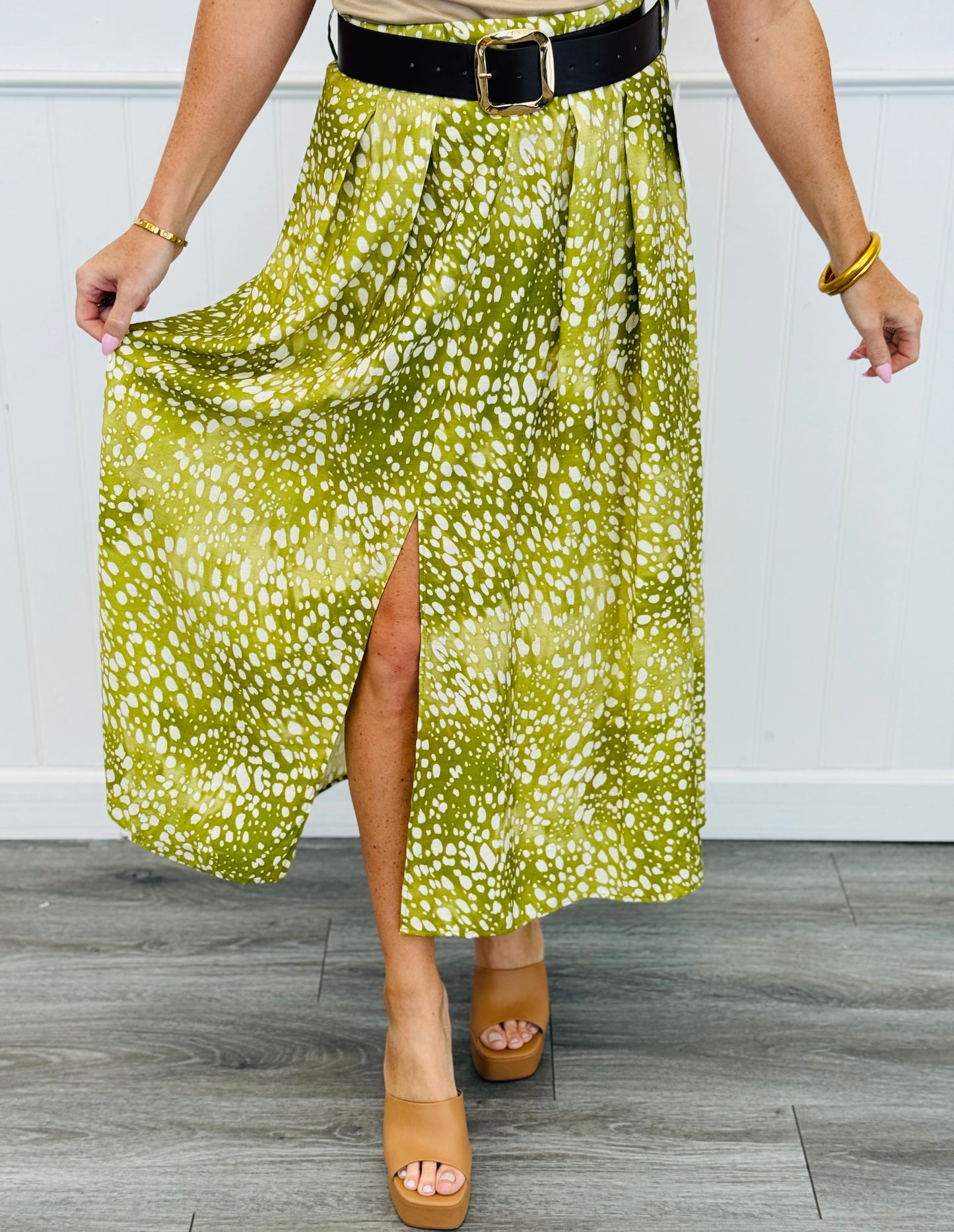 Green Deer Print Front Slit Midi Skirt (Reg.)
