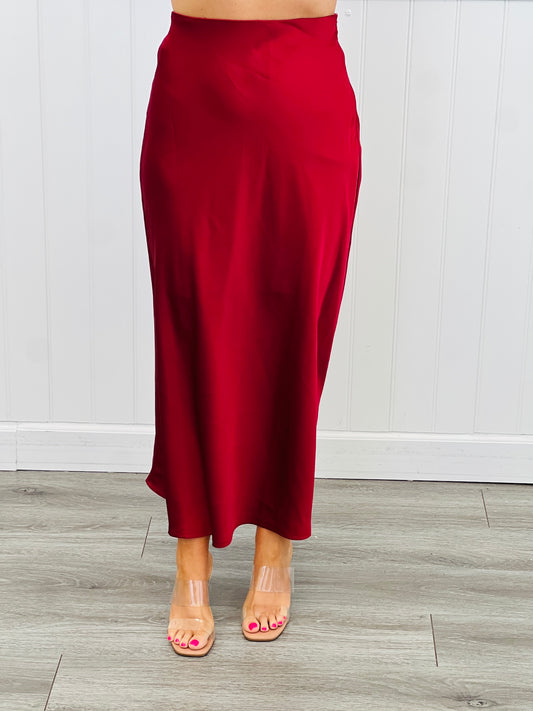 Burgundy Satin Side Zipper Midi Skirt (Reg & Plus)