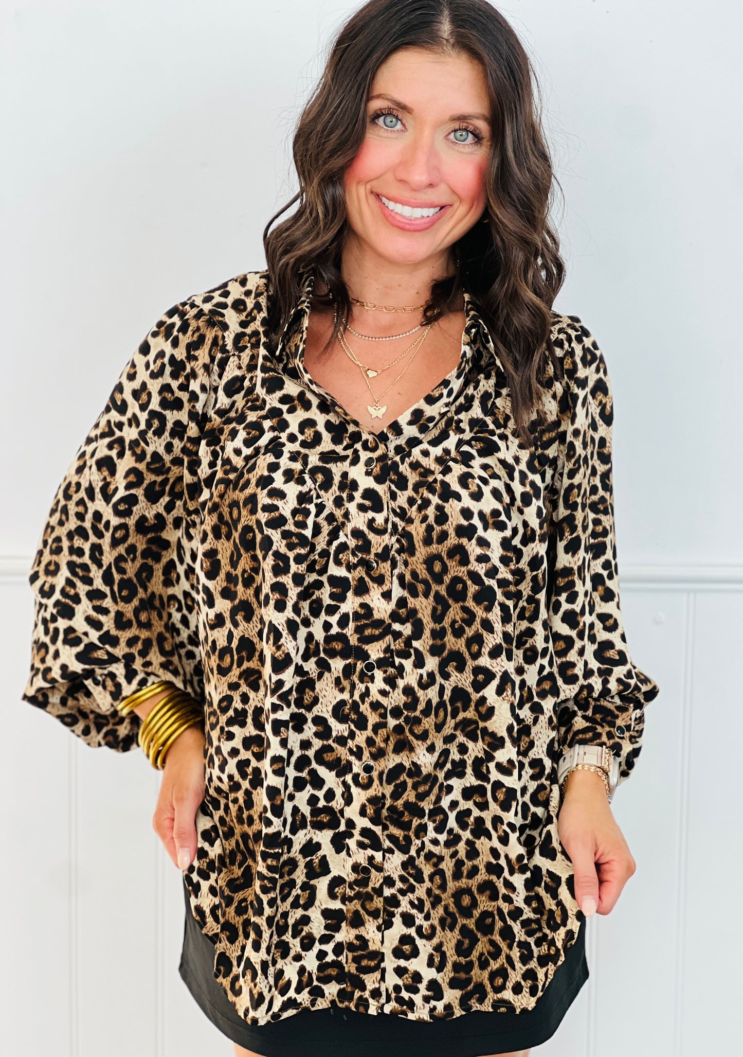 Leopard Billowy Button Down Blouse (Reg. and Plus)