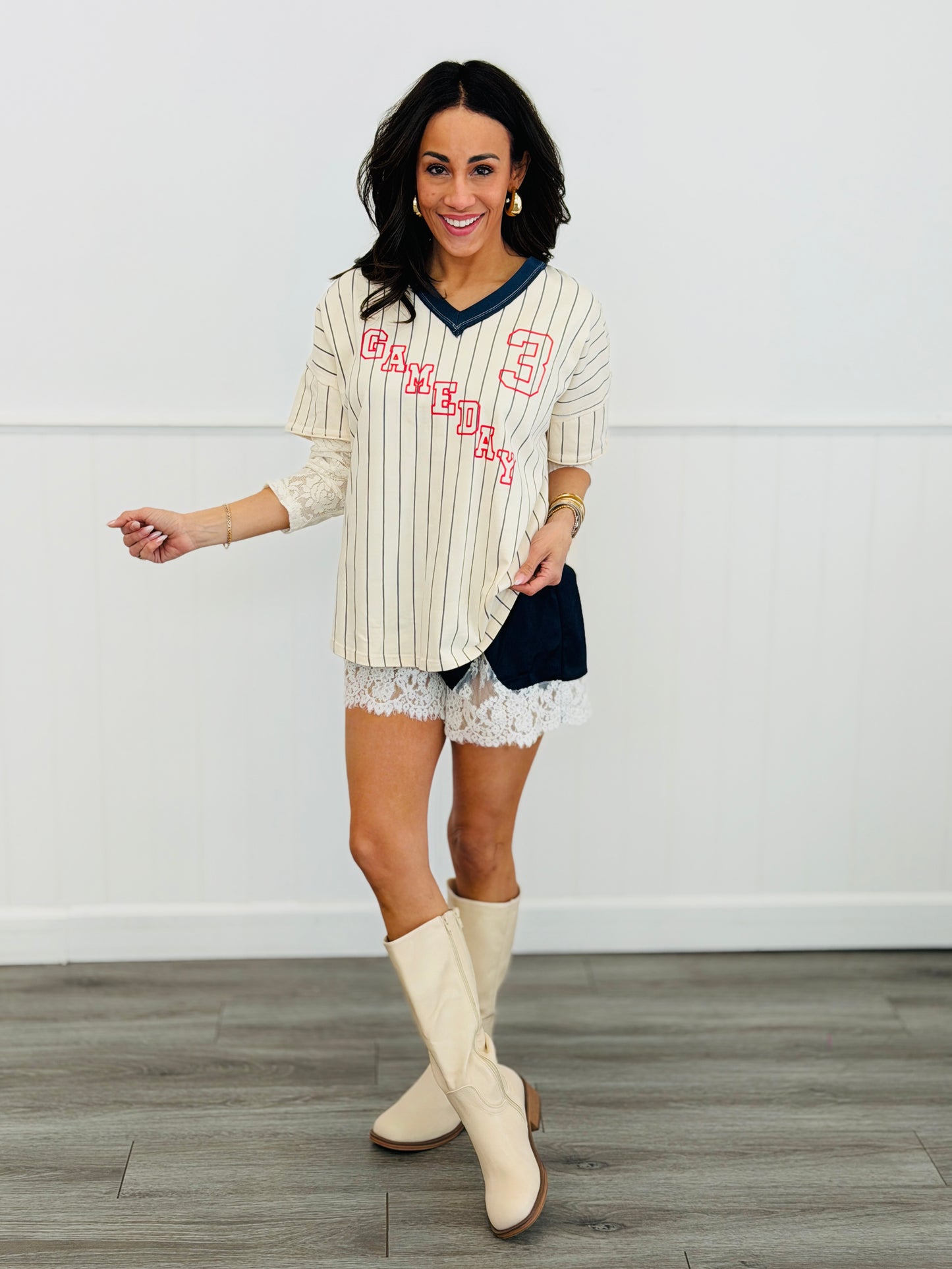 Ivory Pinstriped Game Day Lace Sleeves Top (Reg.)
