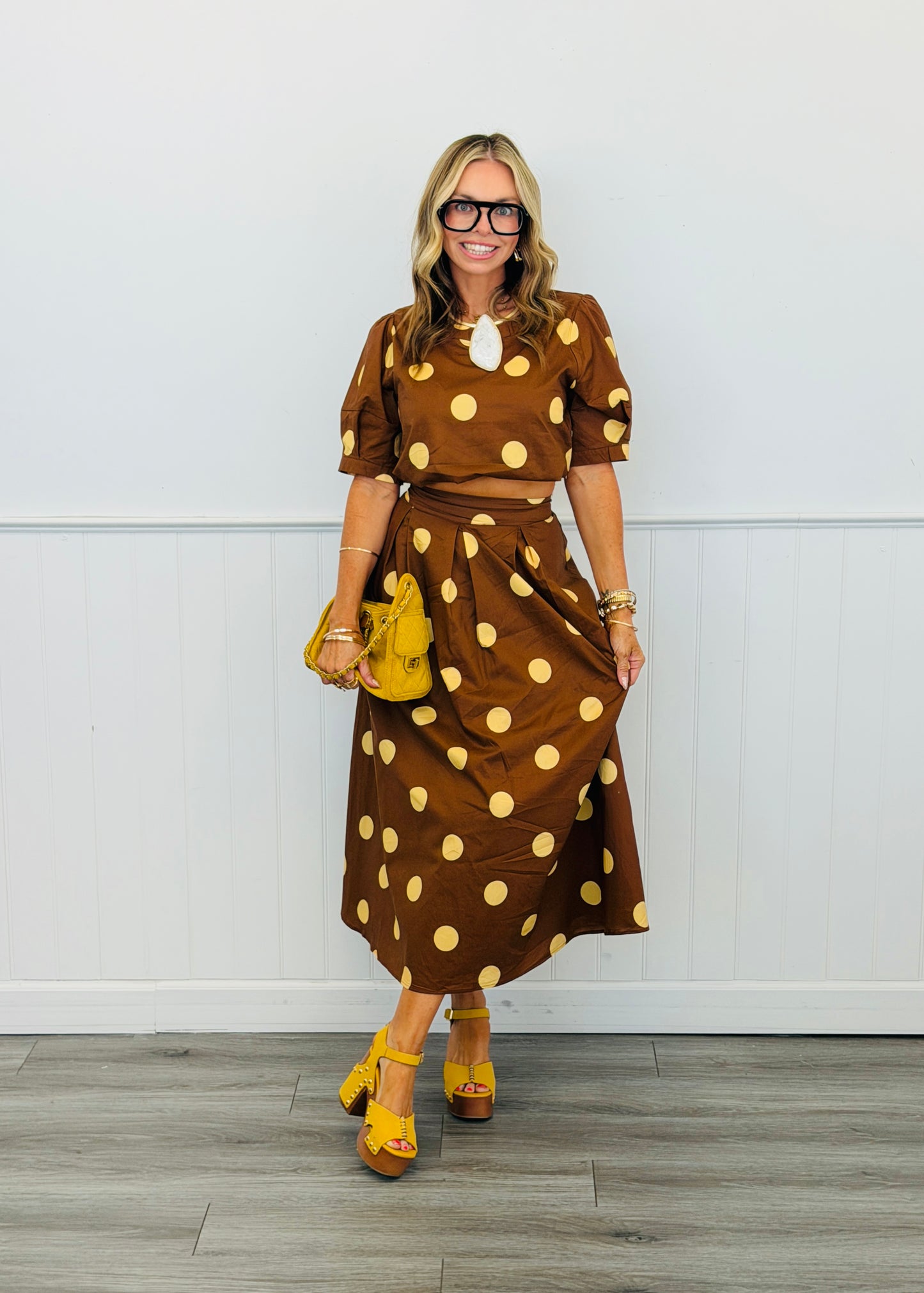 Brown Polka Dot Top & Midi Skirt Set (Reg.)