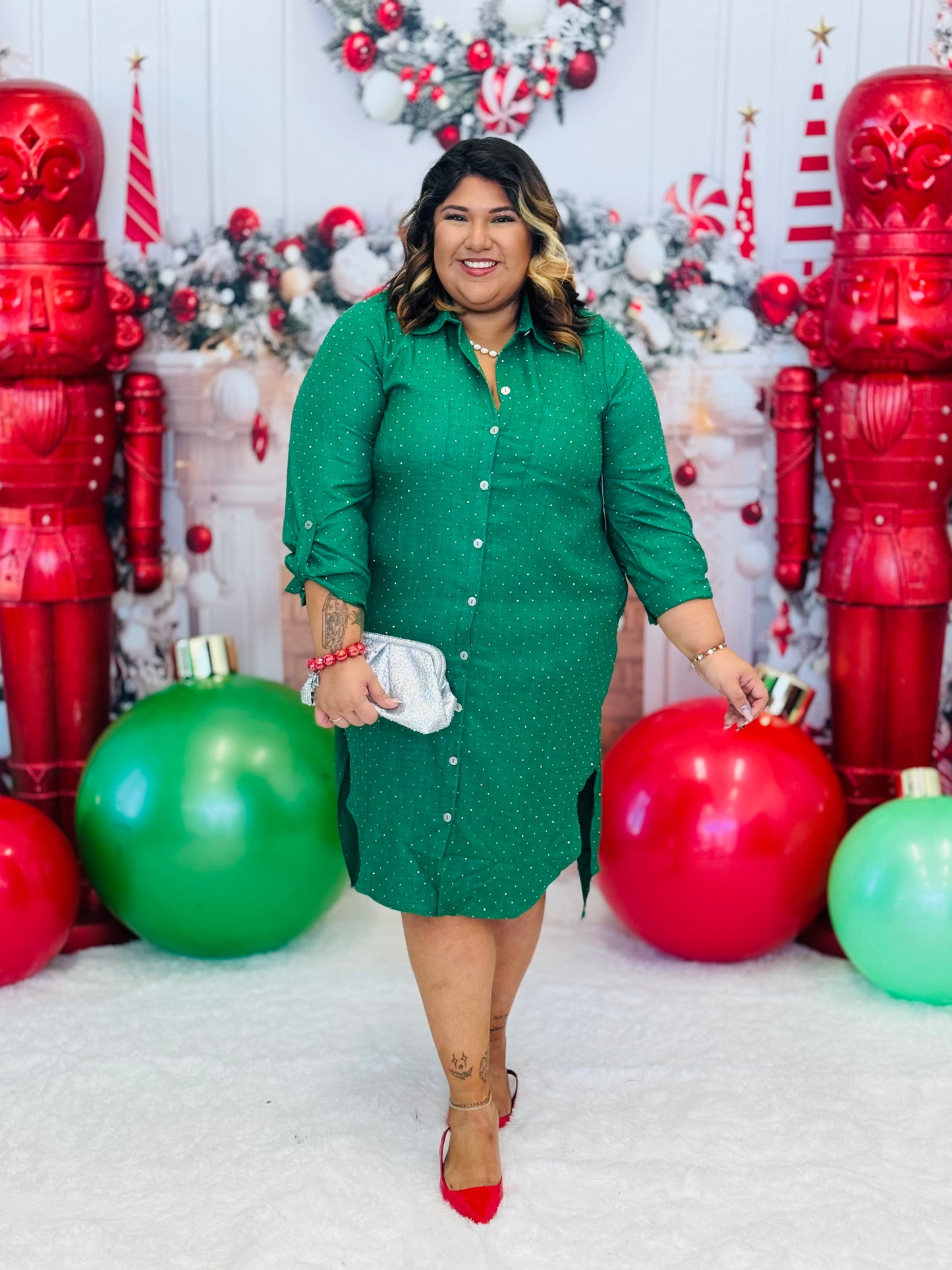 Dark Green Sparkle Midi Shirt Dress (Reg & Plus)