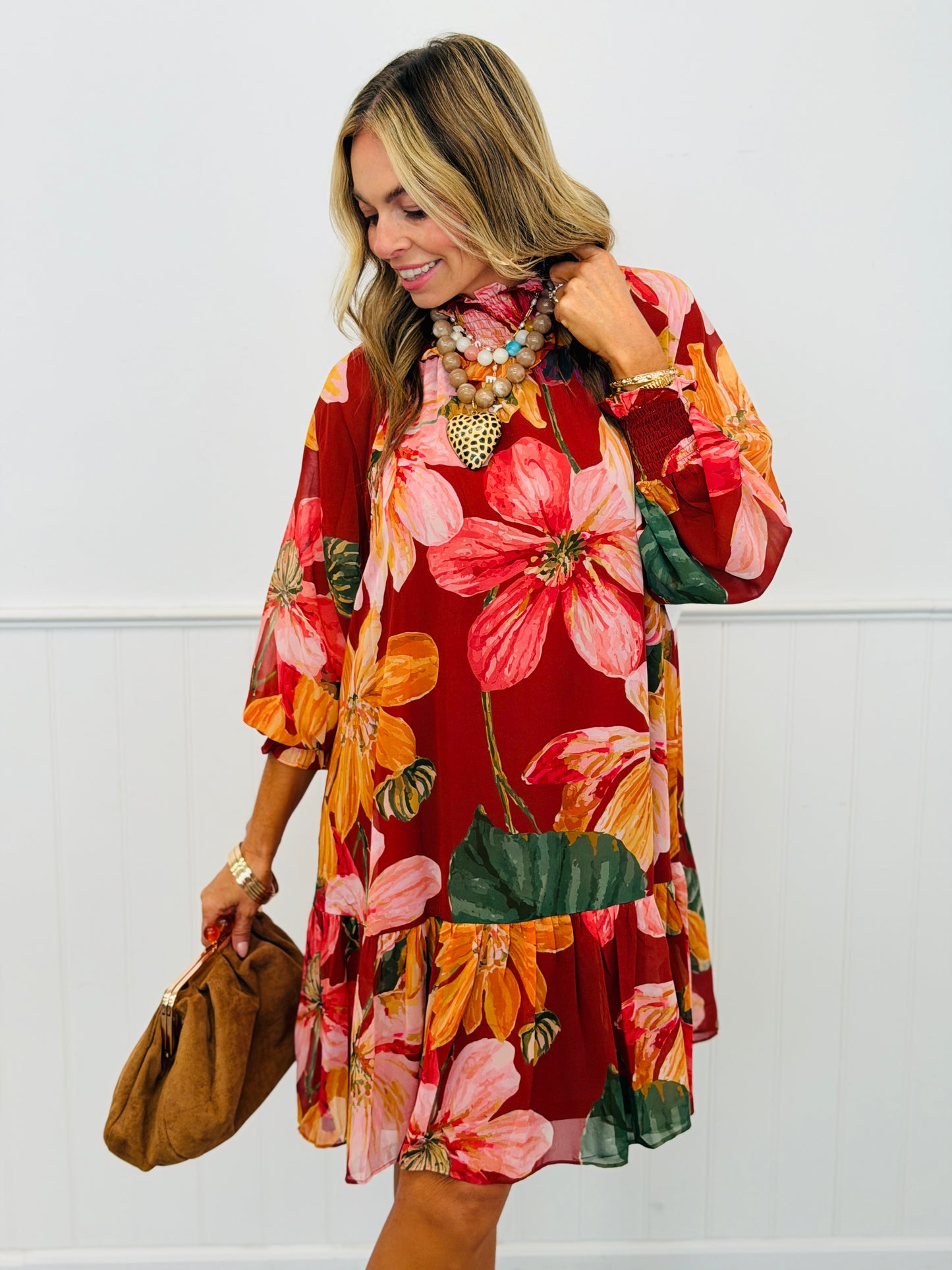 Red Multi Floral Sheer Mini Dress (Reg. and Plus)