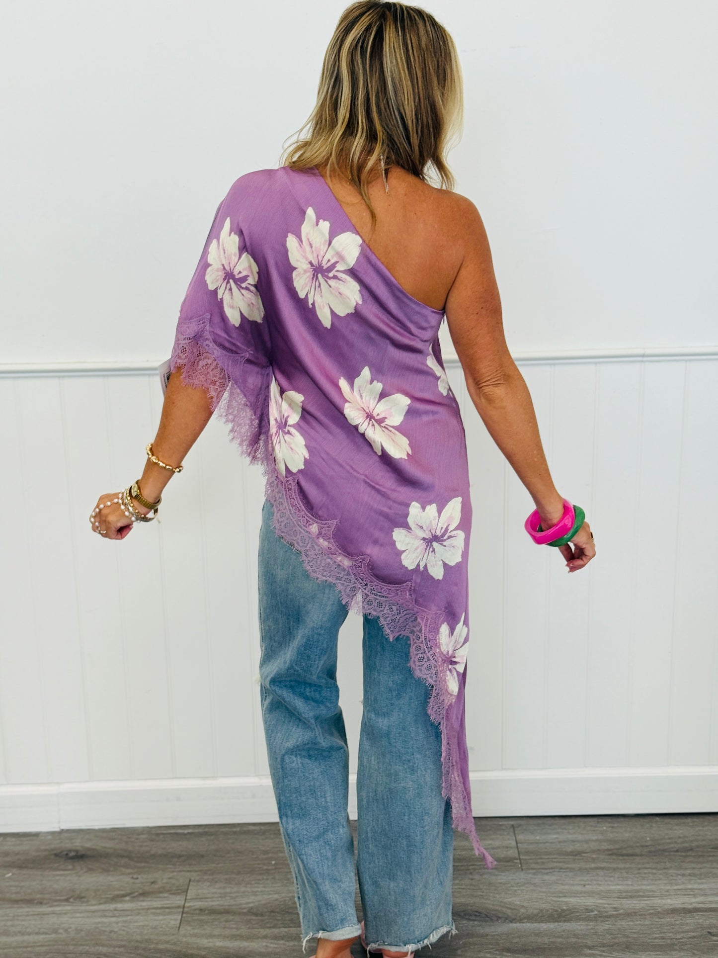 Purple  Floral Lace Asymmetrical Blouse (Reg.)