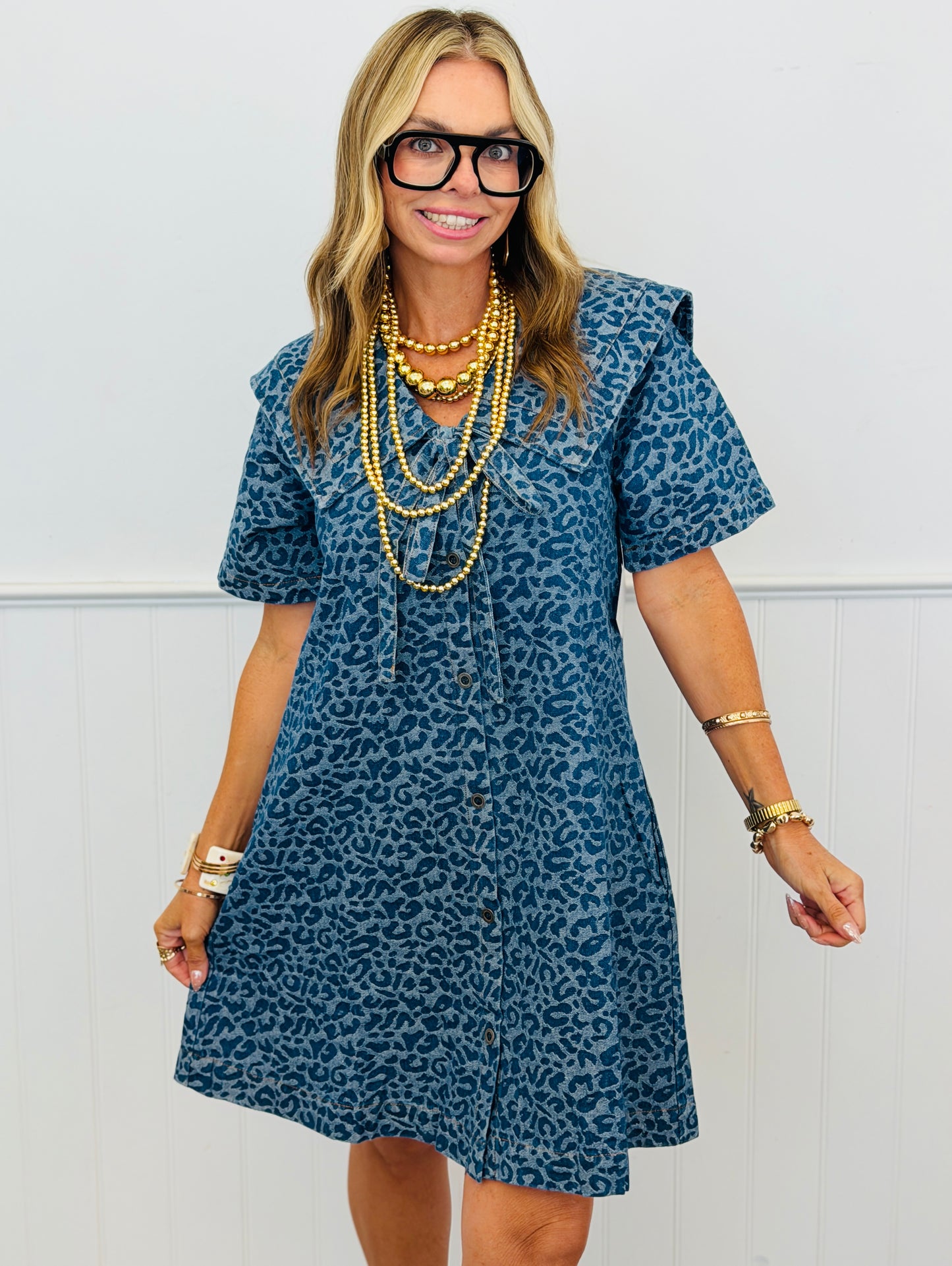Denim Leopard Sailor Collar Mini Dress (Reg.)