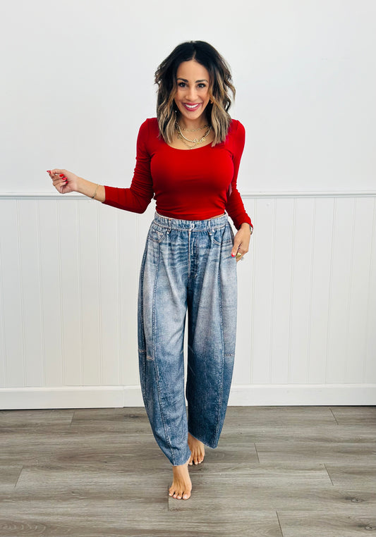 Illusion Faux Denim Barrel Pants (Reg & Plus)