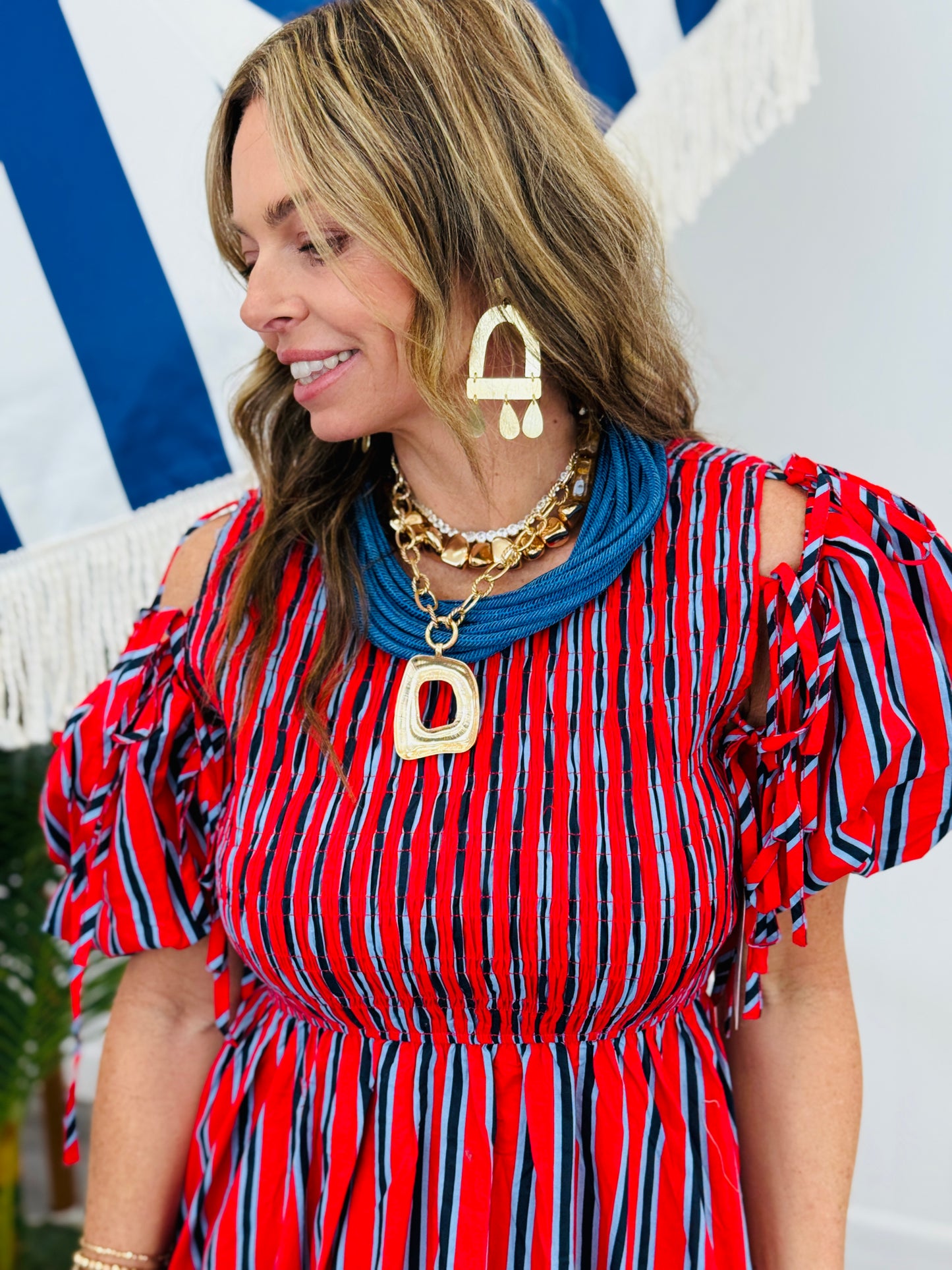 Red Mix Striped Smocked Midi Dress (Reg.)