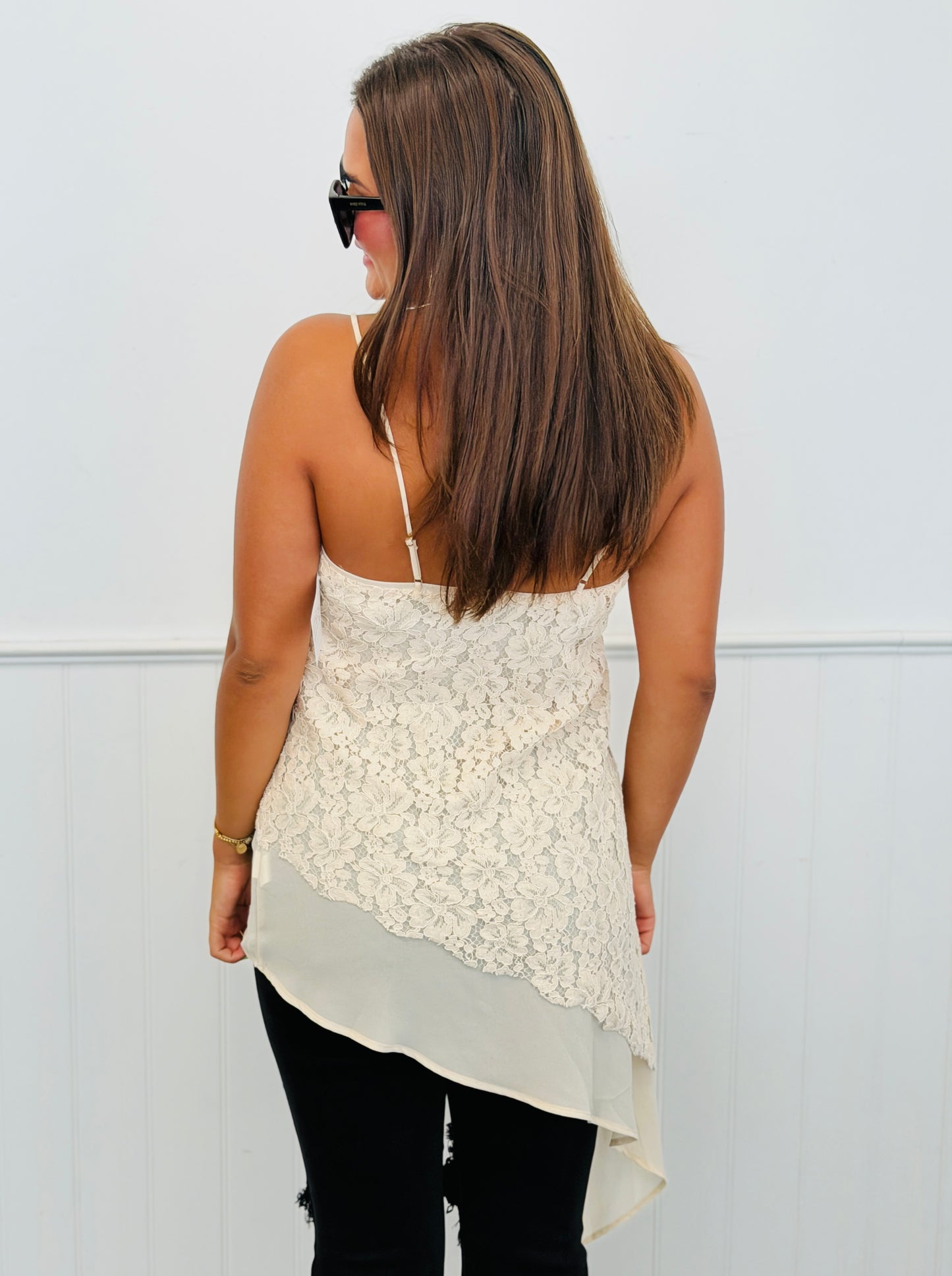 Beige Floral Lace Asymmetrical Blouse (Reg.)