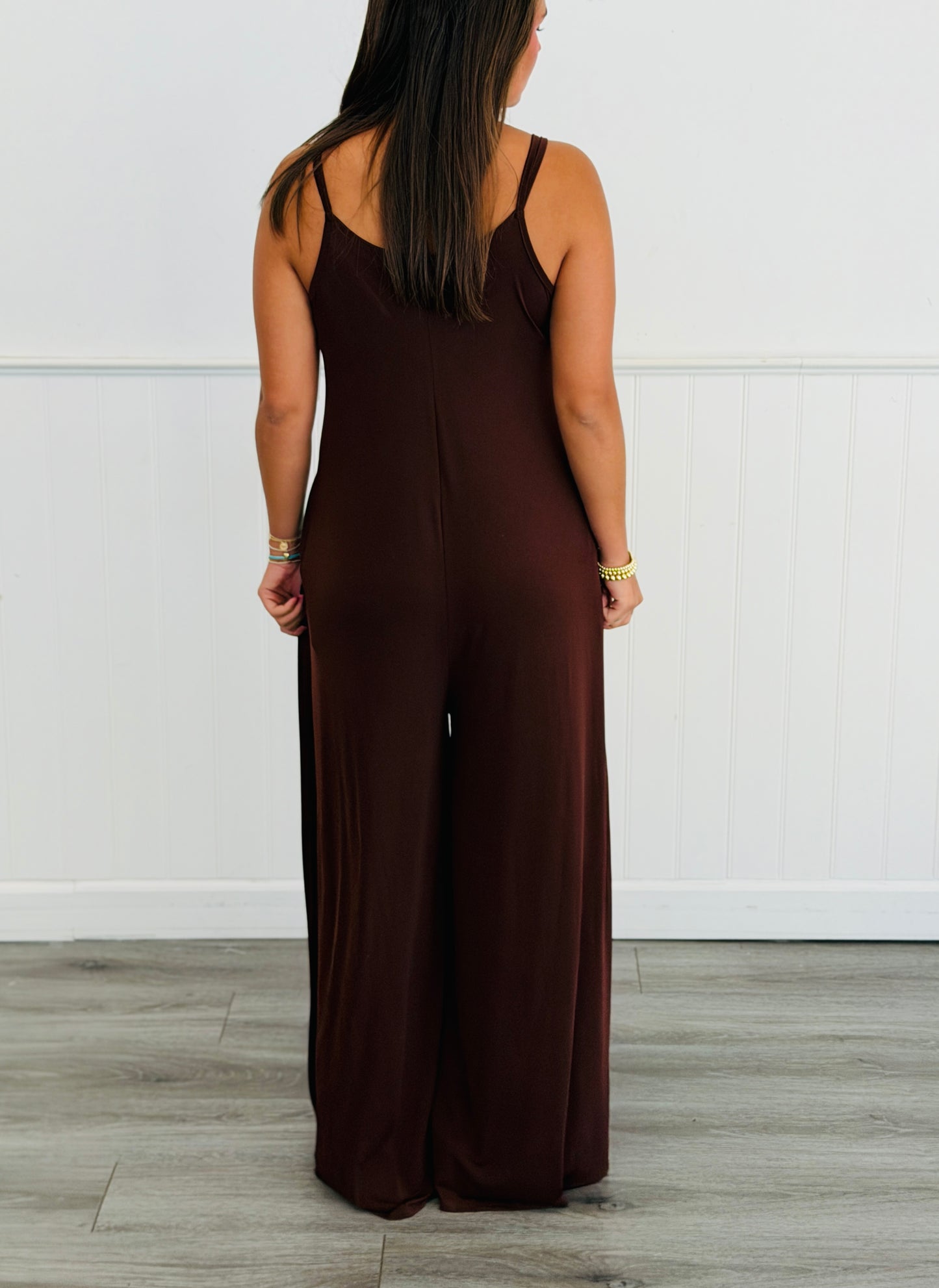 Brown Solid Strappy Jumpsuit (Reg & Plus)