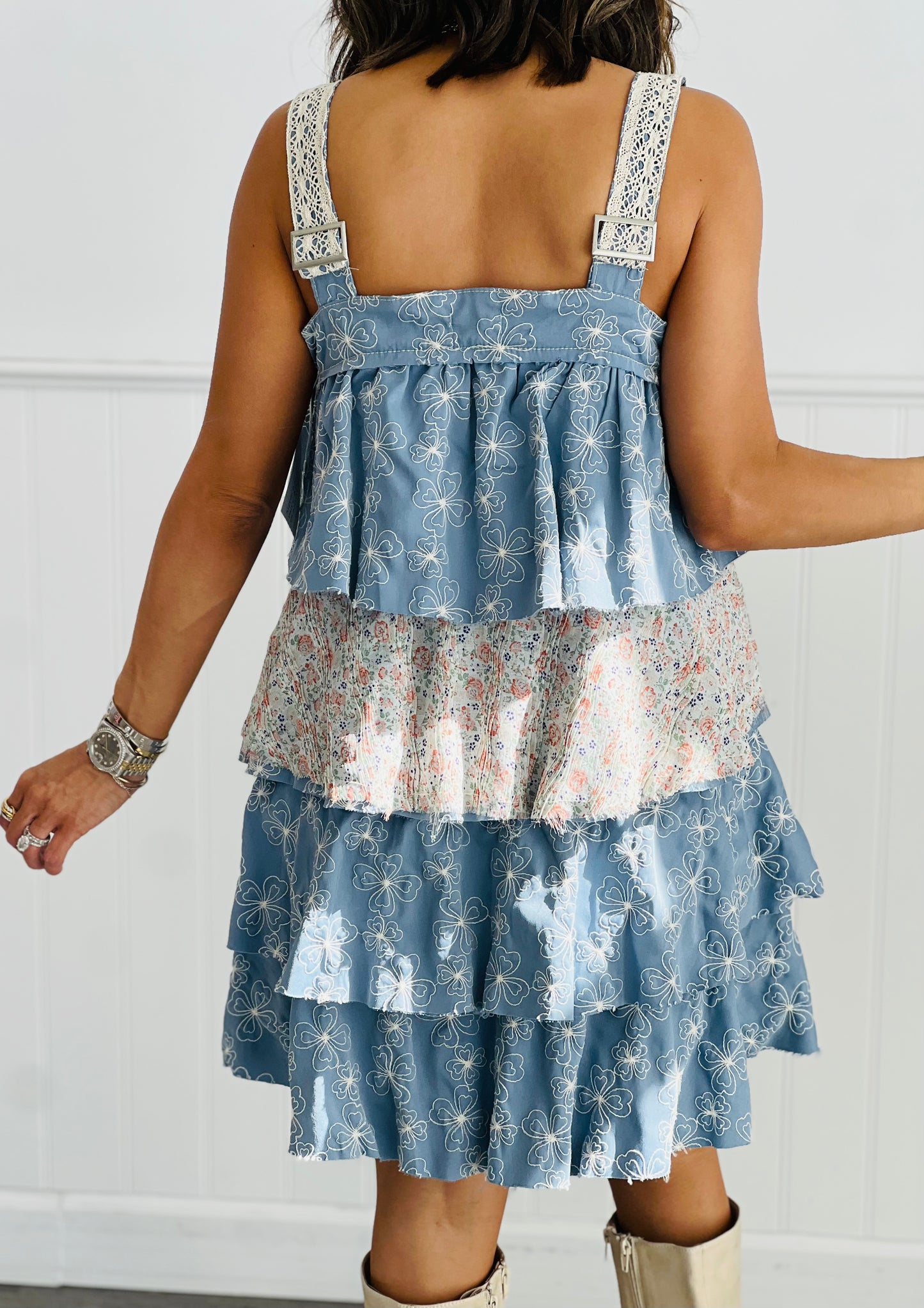 POL Blue Multi Floral Mix Tiered Mini Dress  (Reg)