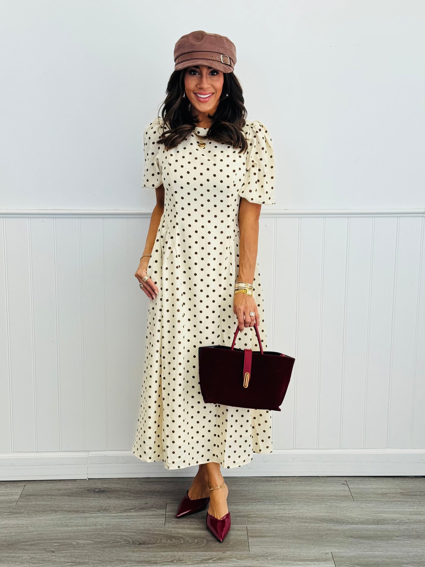 Cream/Brown Polka Dot Midi Dress (Reg & Plus)