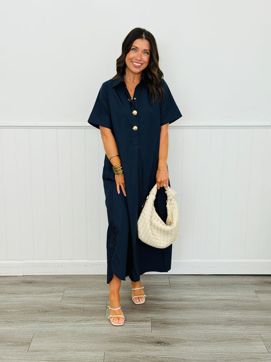 Navy Inverted Pleat Midi Dress (Reg & Plus)