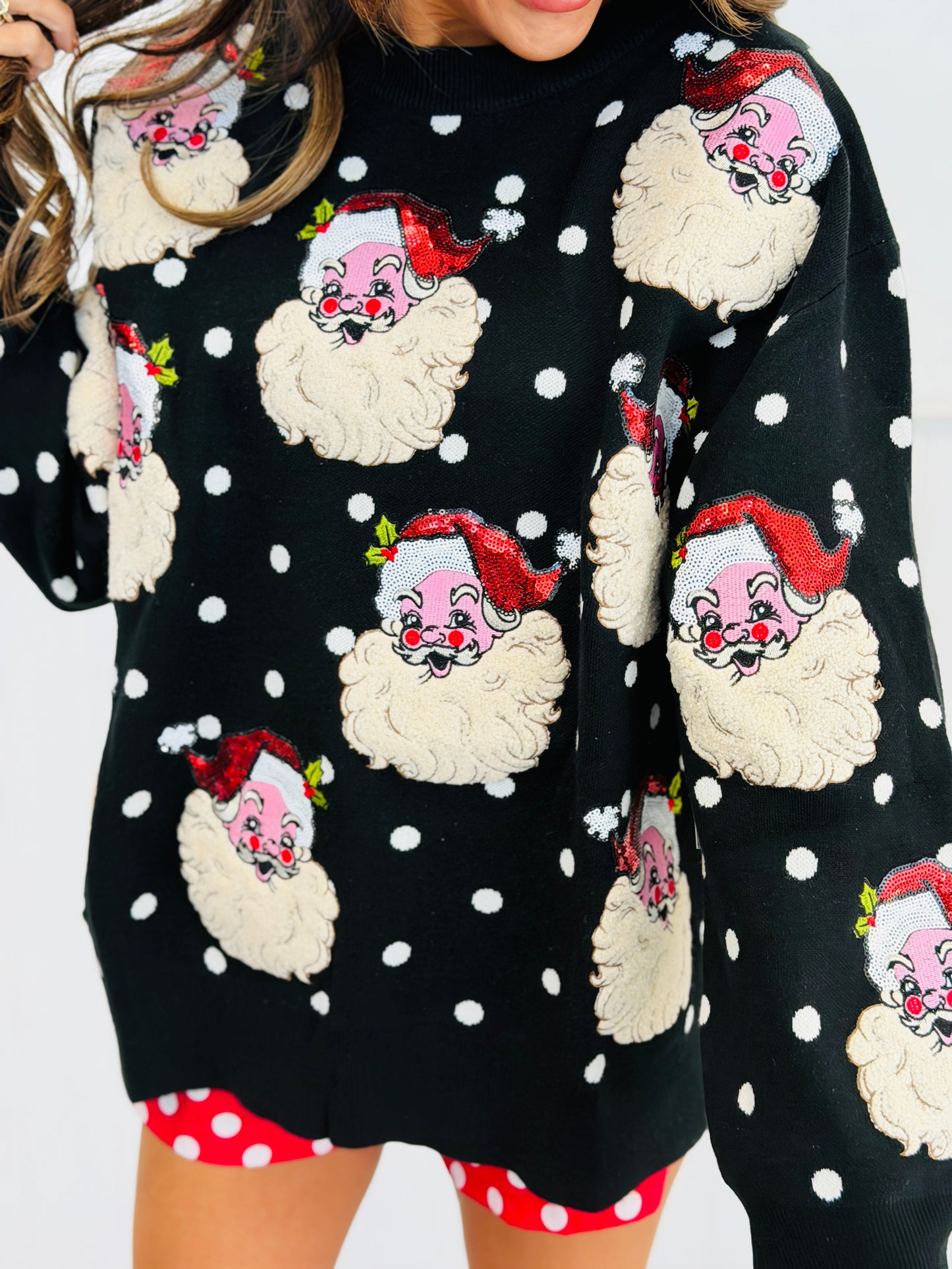 Queen Of Sparkles Black & White Polka Dot Santa Sweater (Reg. & Plus)