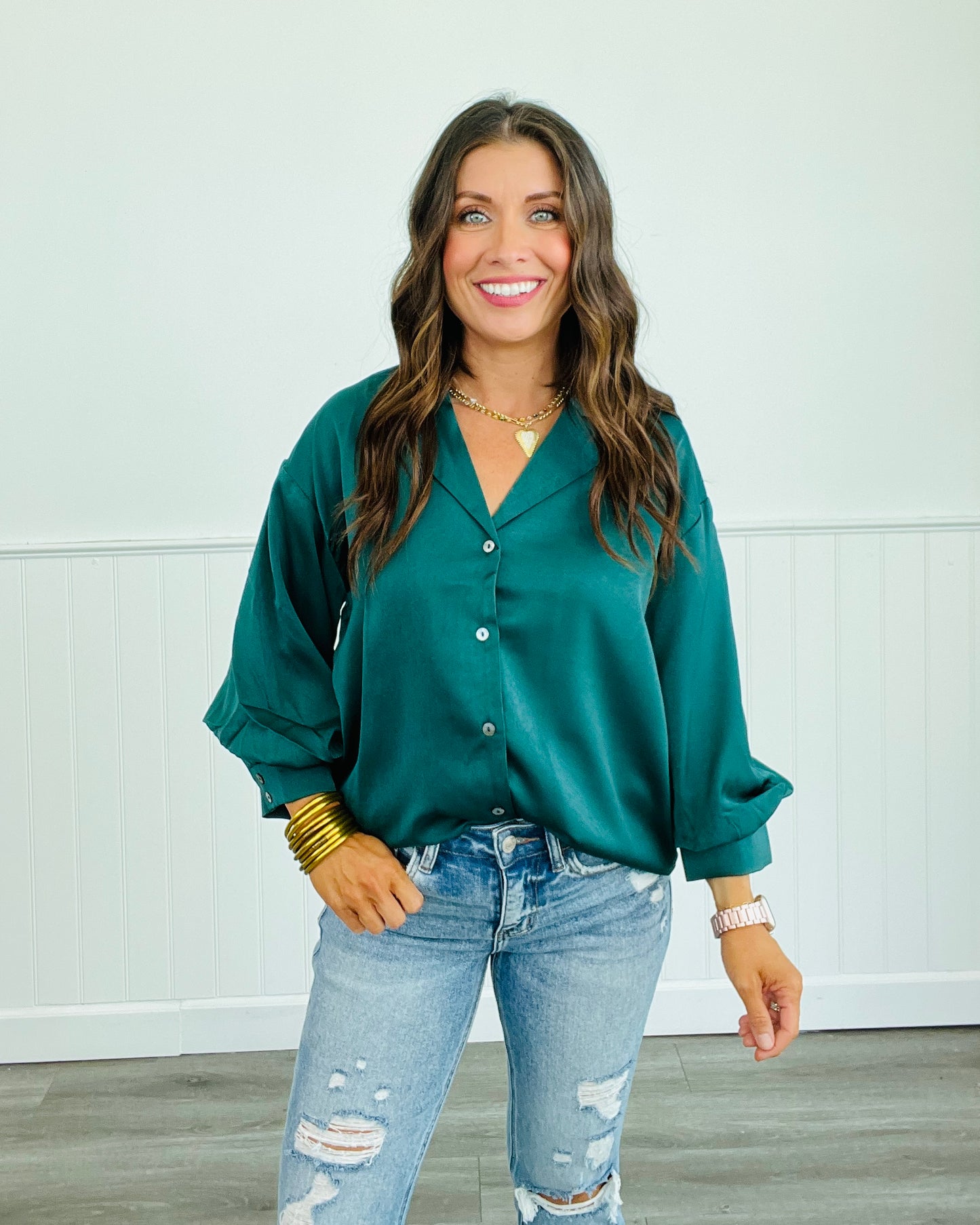 Satin Button Down 3/4 Sleeve Blouse (Reg.) - 2 Colors