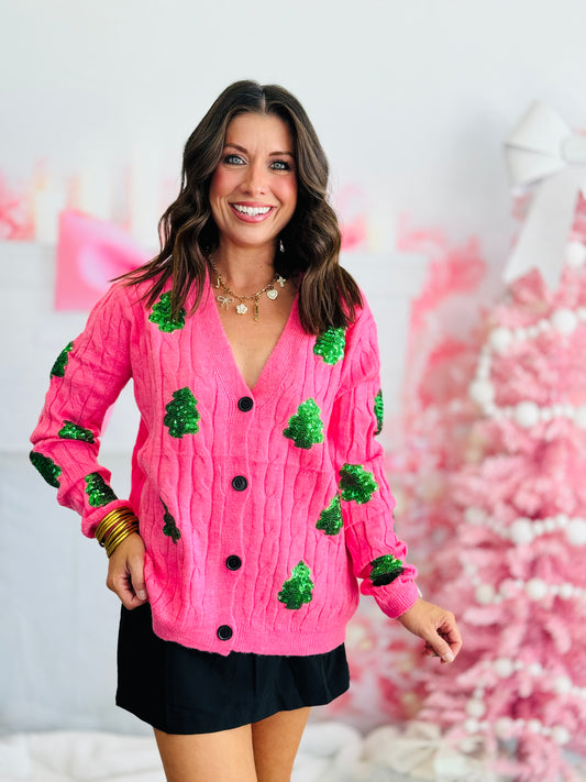 Sequin Trees Pink Cardigan (Reg & Plus)