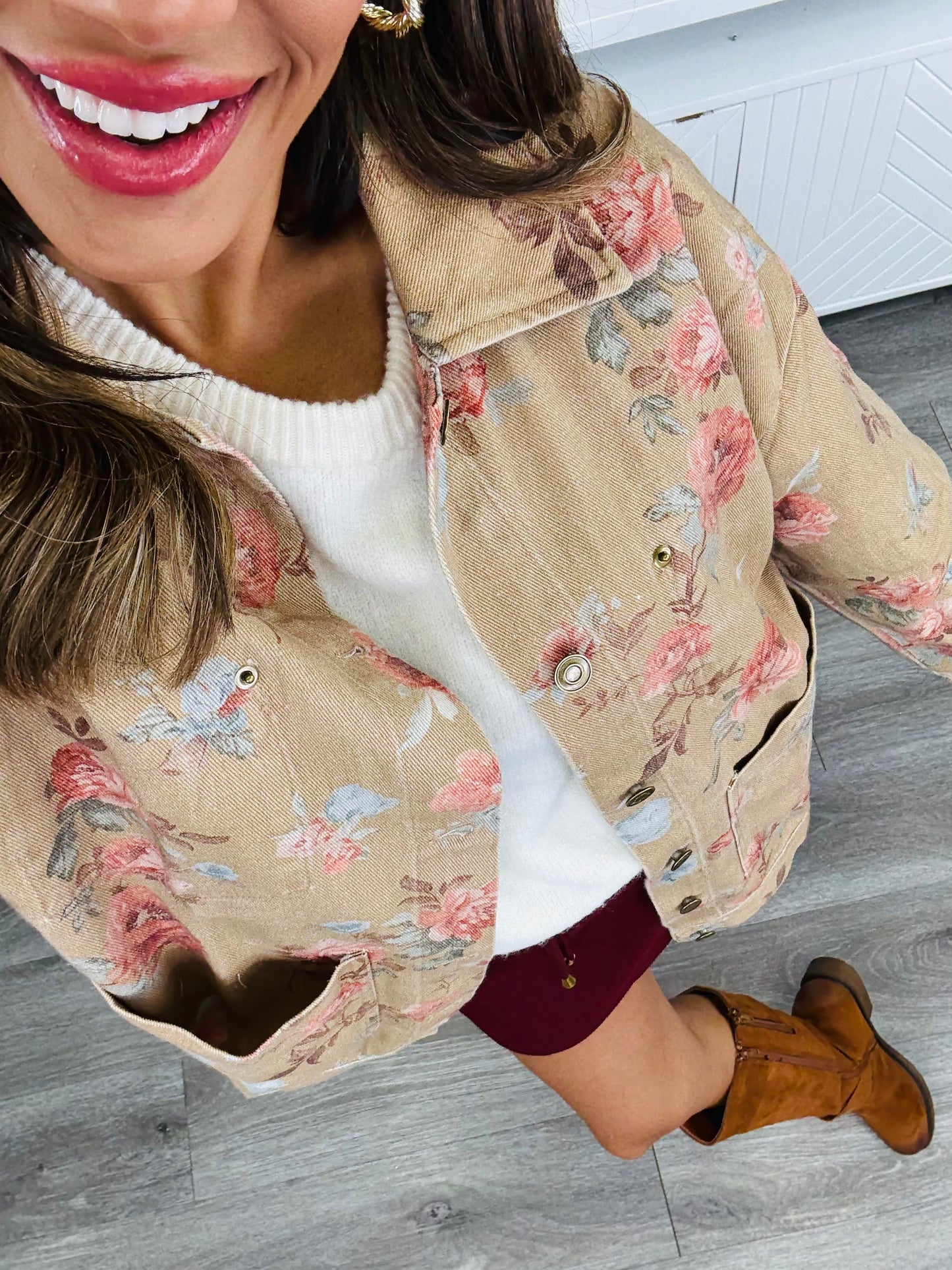 Taupe Floral Printed Jacket (Reg. and Plus)