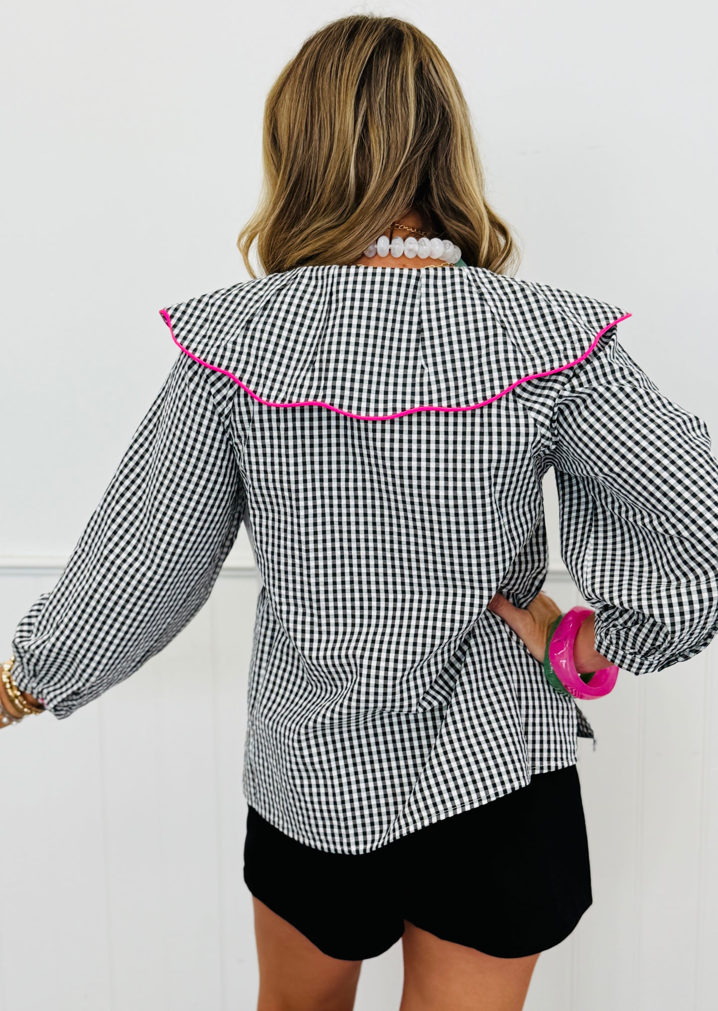Black Gingham Pullover Peasant Blouse (Reg.)