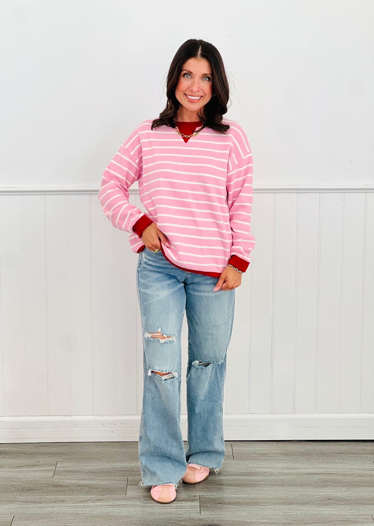 Contrast Trim Striped Sweater Top (Reg.)-4 Colors