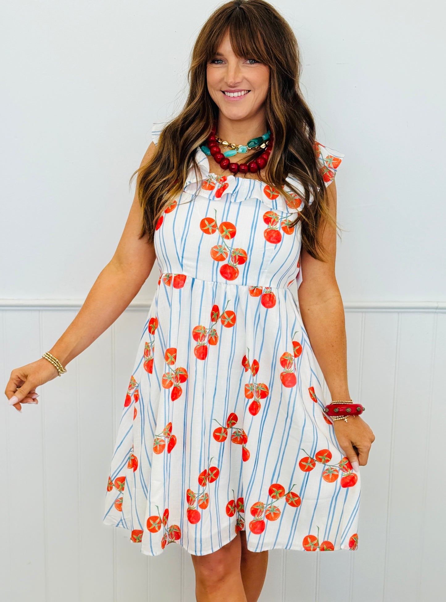 Striped Tomato Print Mini Dress (Reg. and Plus)