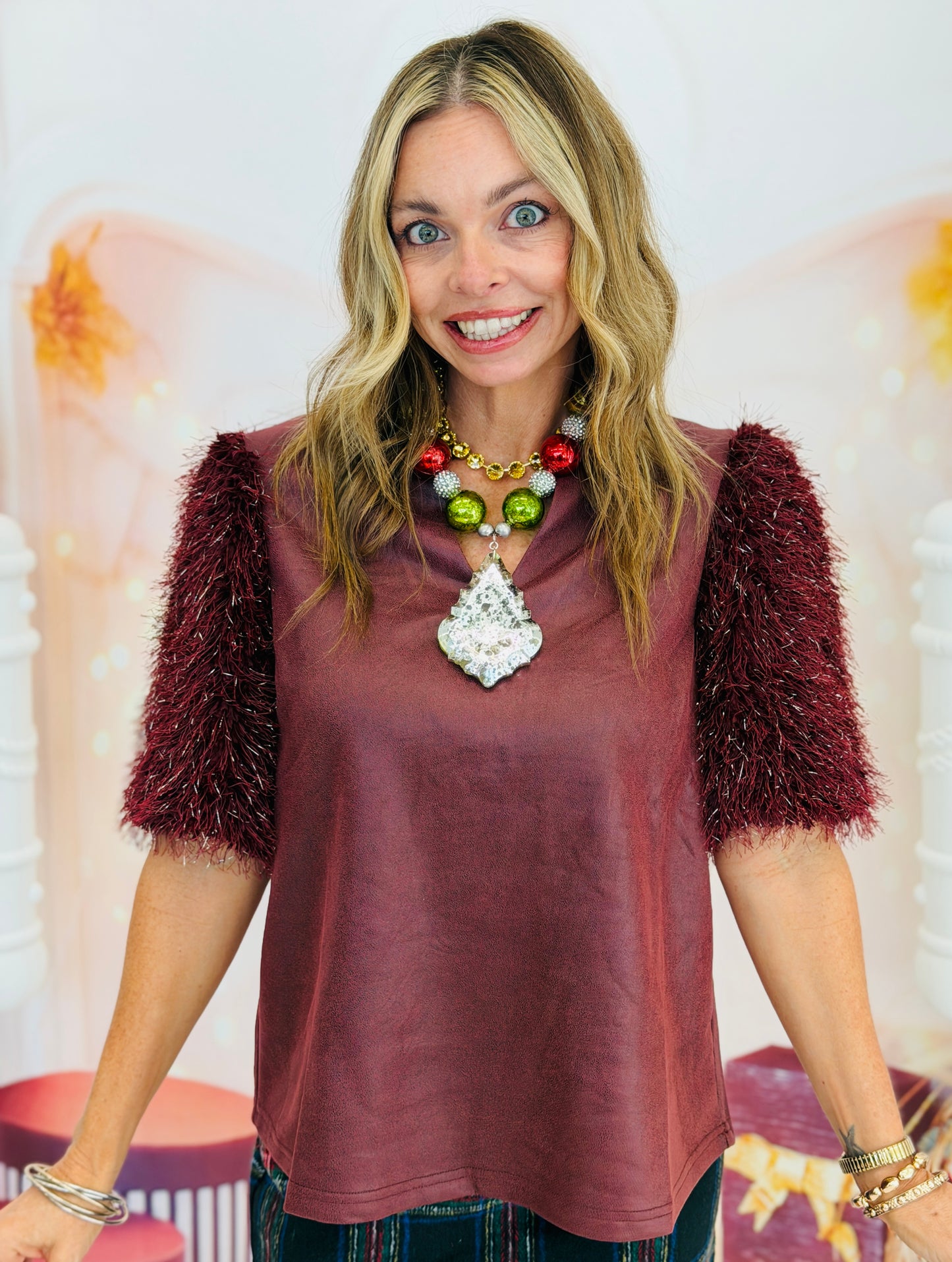 Burgundy Faux Leather Feather Fringe Blouse (Reg.)