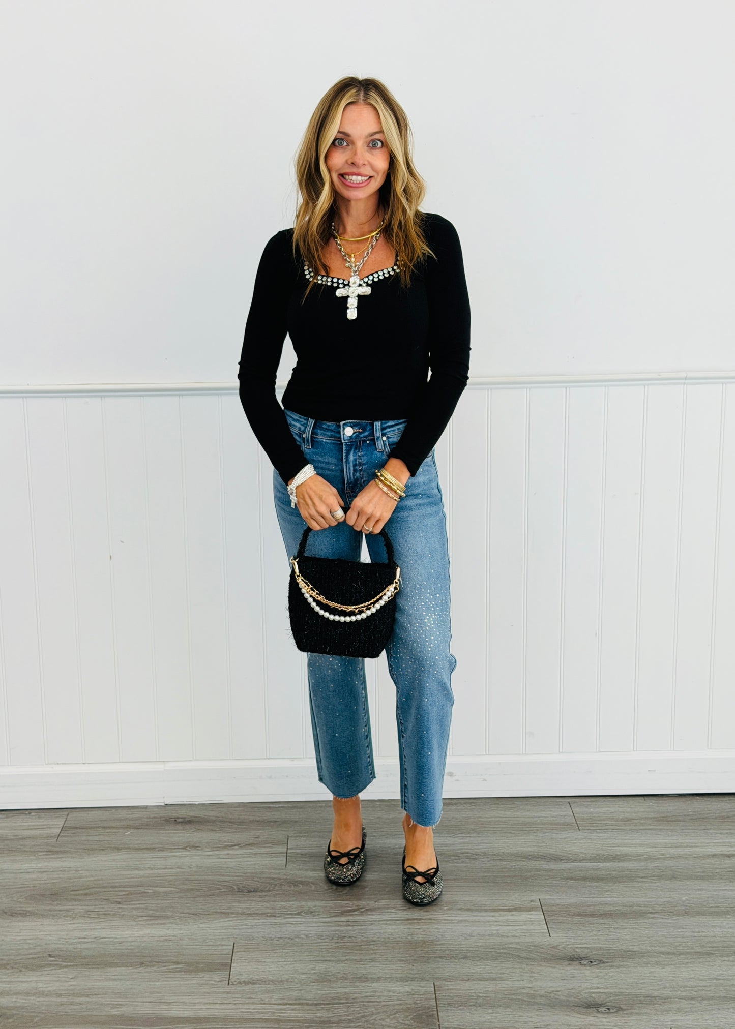 Black Sweetheart Crystal LS Top (Reg. and Plus)