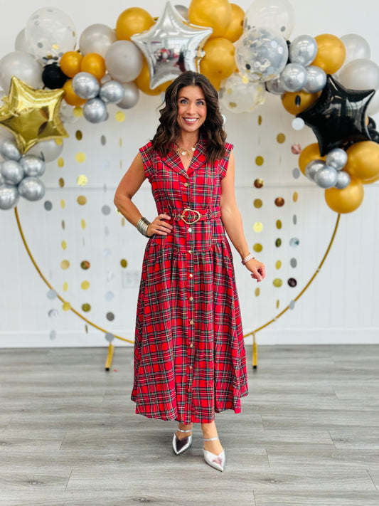 Red Christmas Plaid Midi Dress (Reg)