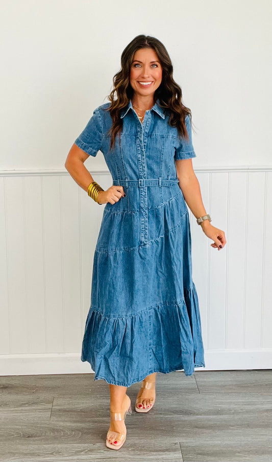 Blue Denim Belted Midi Dress (Reg)