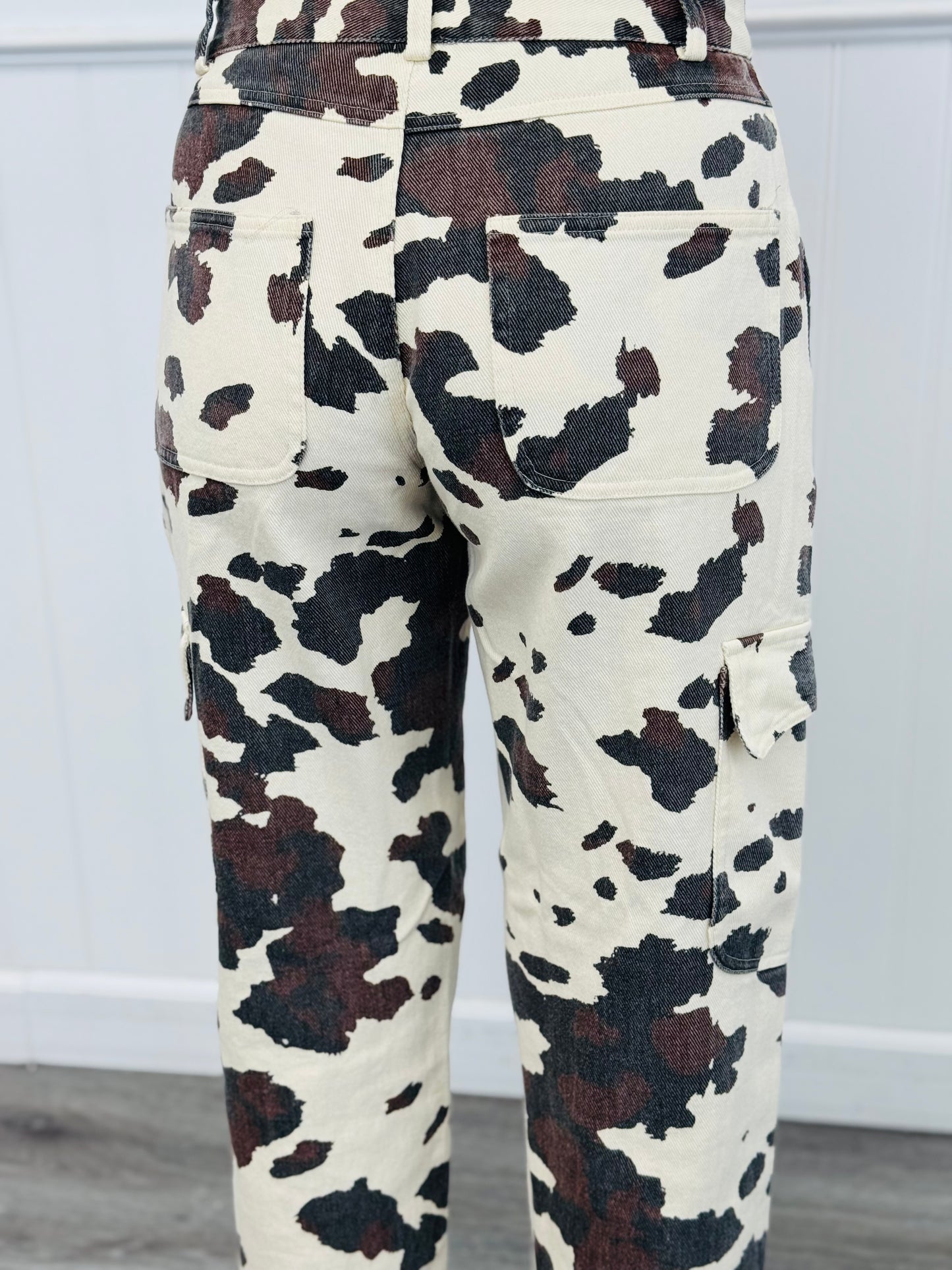 Cream Cow Print Cargo Pants (Reg.)