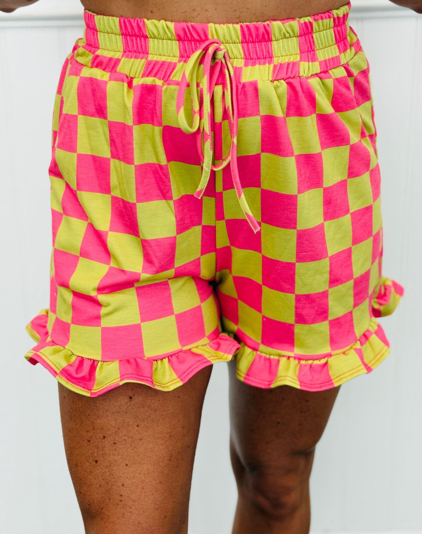 Checkered Print Top & Ruffle Shorts Set (Reg. & Plus) - 4 Colors