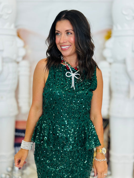 Hunter Green Sequin Floral Peplum Top (Reg.)